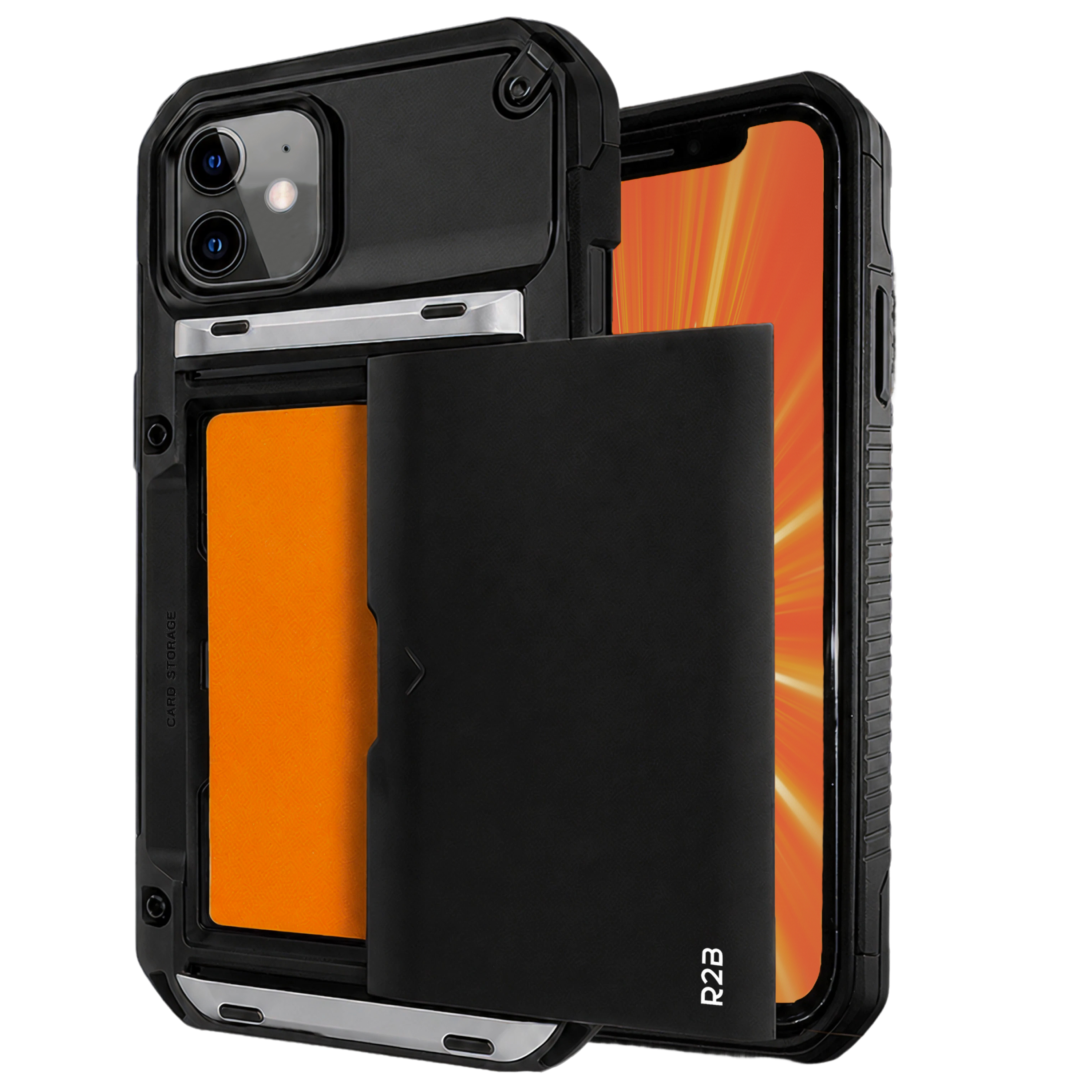 iPhone noir avec une coque robuste dotée d'un emplacement pour cartes, révélant partiellement une carte orange et un porte-cartes noir.