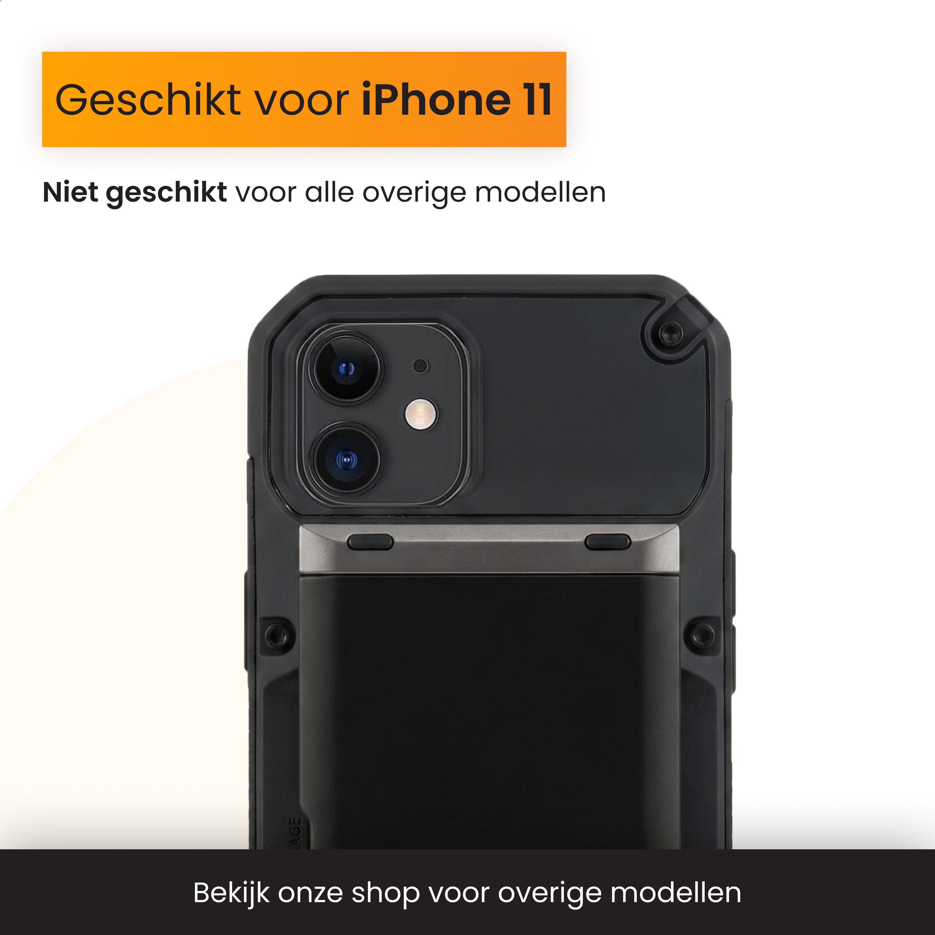 Coque noire pour iPhone 11, avec texte sur la compatibilité.