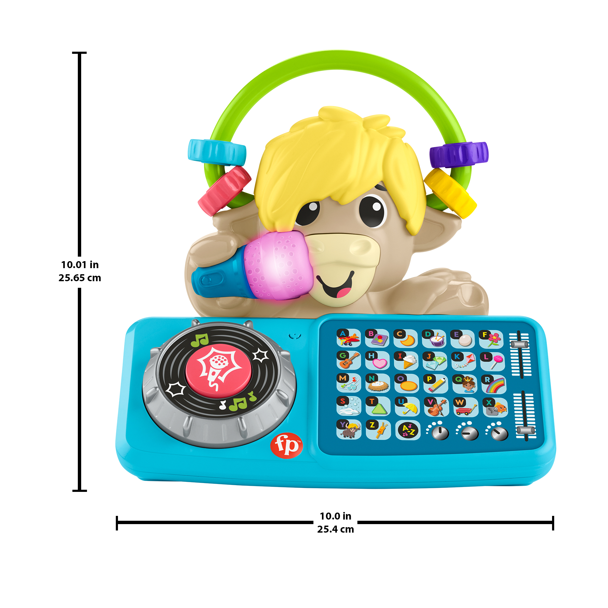 Ein beiges Spielzeugesel mit gelbem Haar, der ein pink-blaues Mikrofon hält, befindet sich auf einem blauen Musikspielzeug mit Buchstaben.