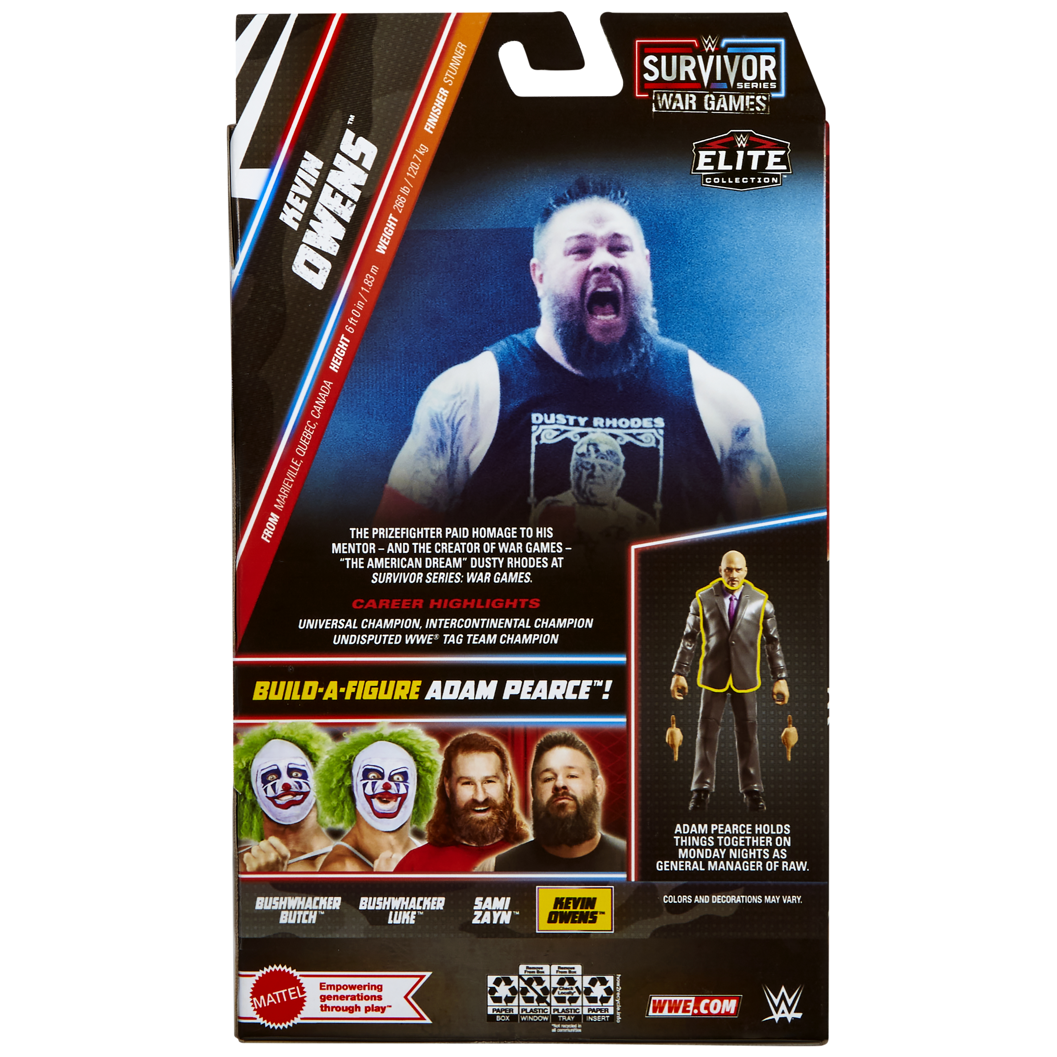 WWE Survivor Series Kevin Owens Actionfigur-Verpackung mit Bildern von Owens und anderen Wrestlern.