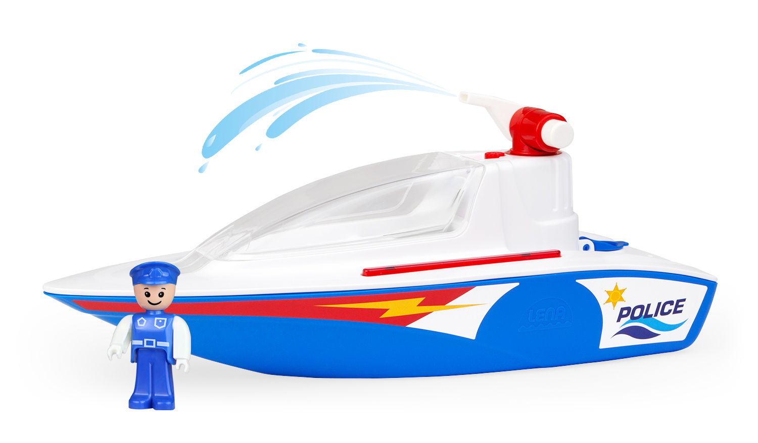 Spielzeug-Polizeiboot mit Wassersprühfunktion und Spielfigur