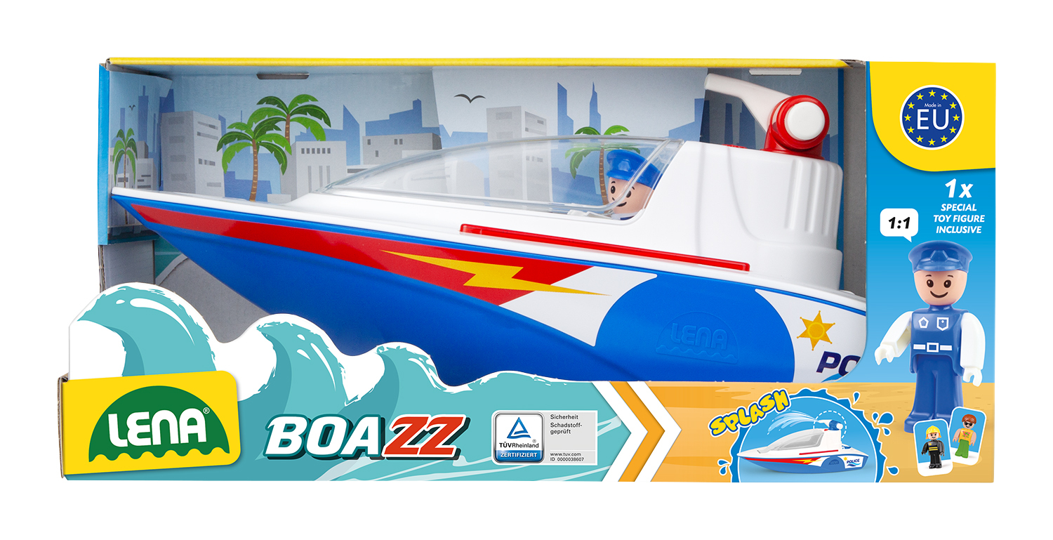 Ein Spielzeug-Polizeiboot mit Figur, inklusive Wellen und Palmen im Hintergrund.