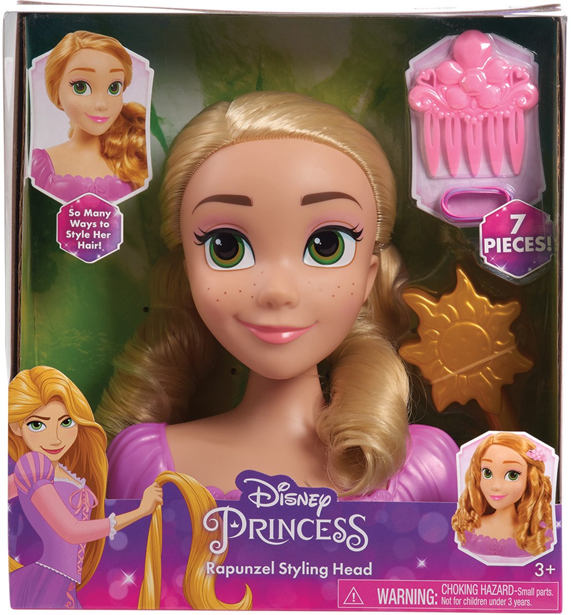 Rapunzel Stylingkopf mit goldenen Haaren, grünen Augen, pinkem Kleid, Kamm und Sonnen-Accessoire.