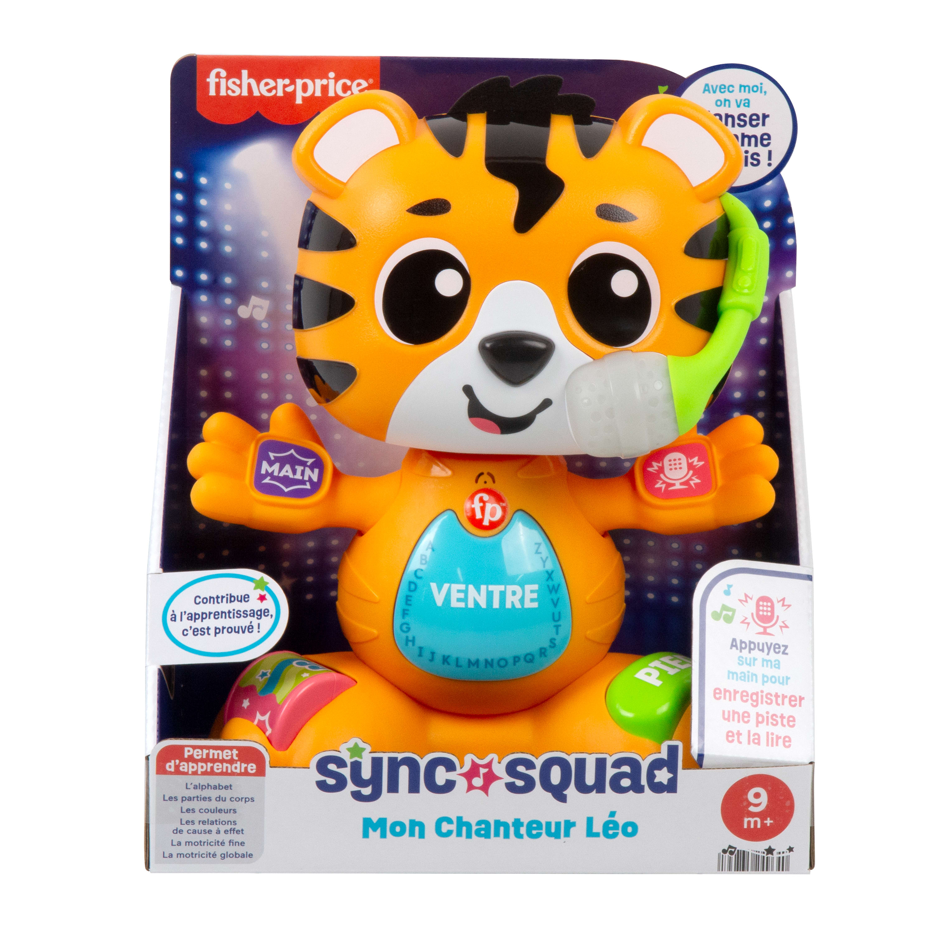 Ein orangefarbener Tiger-Spielzeugsänger mit Mikrofon und bunten Tasten auf der Verpackung.