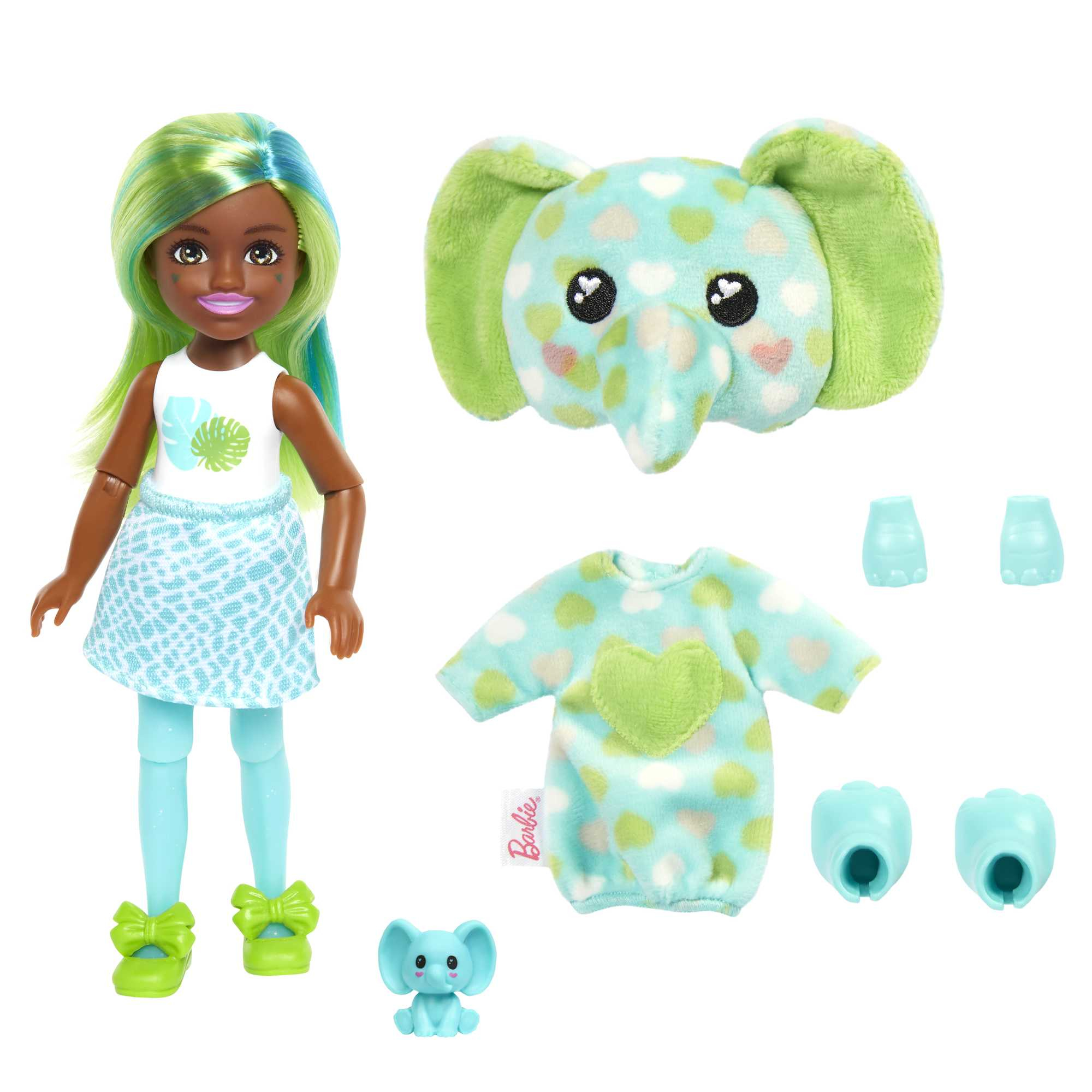 Eine Puppe mit bunten Haaren und Elefanten-Accessoires wie ein Plüschtier und Kleidung.