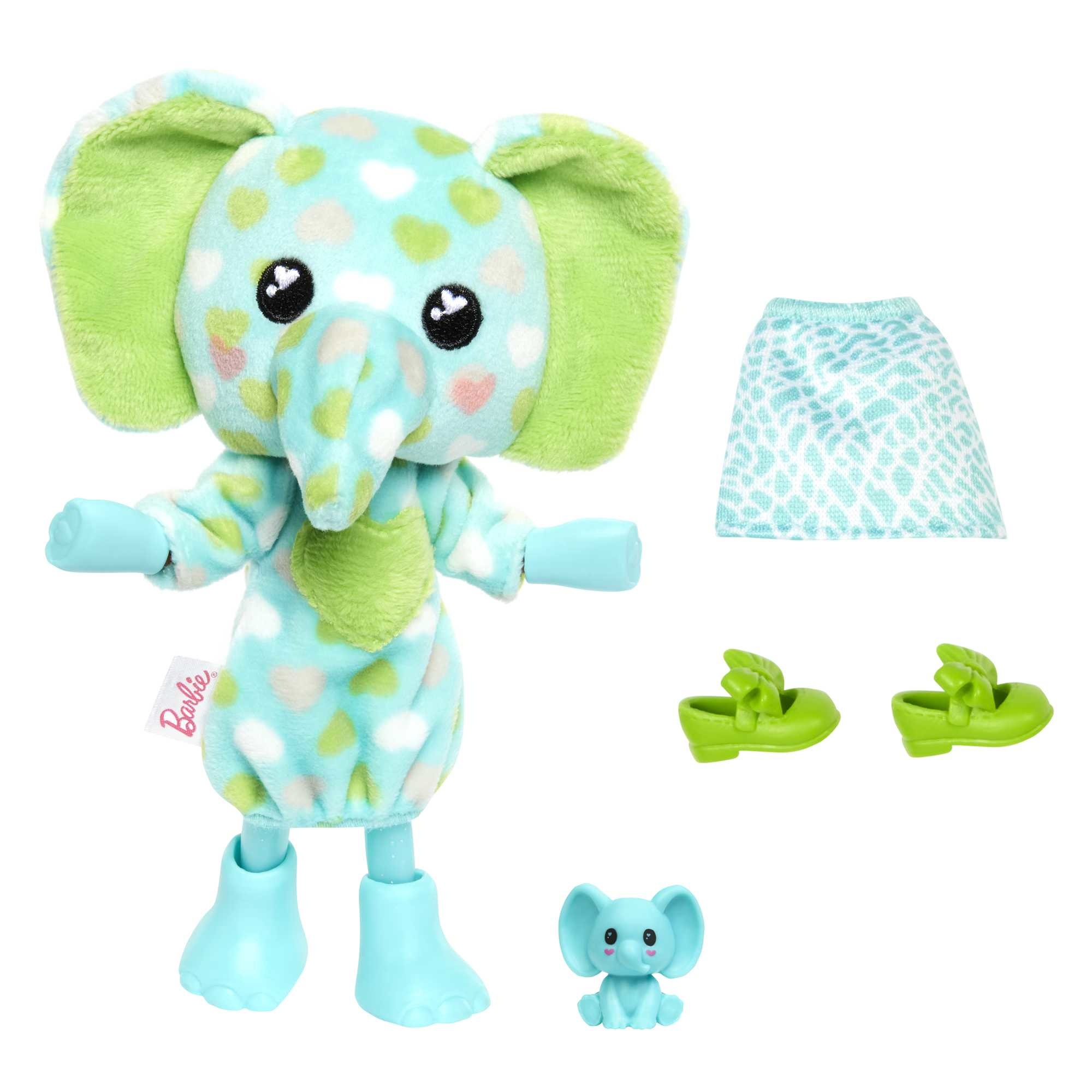 Ein blauer Elefant mit Tupfen, ein Rock und grüne Schuhe auf weißem Hintergrund.