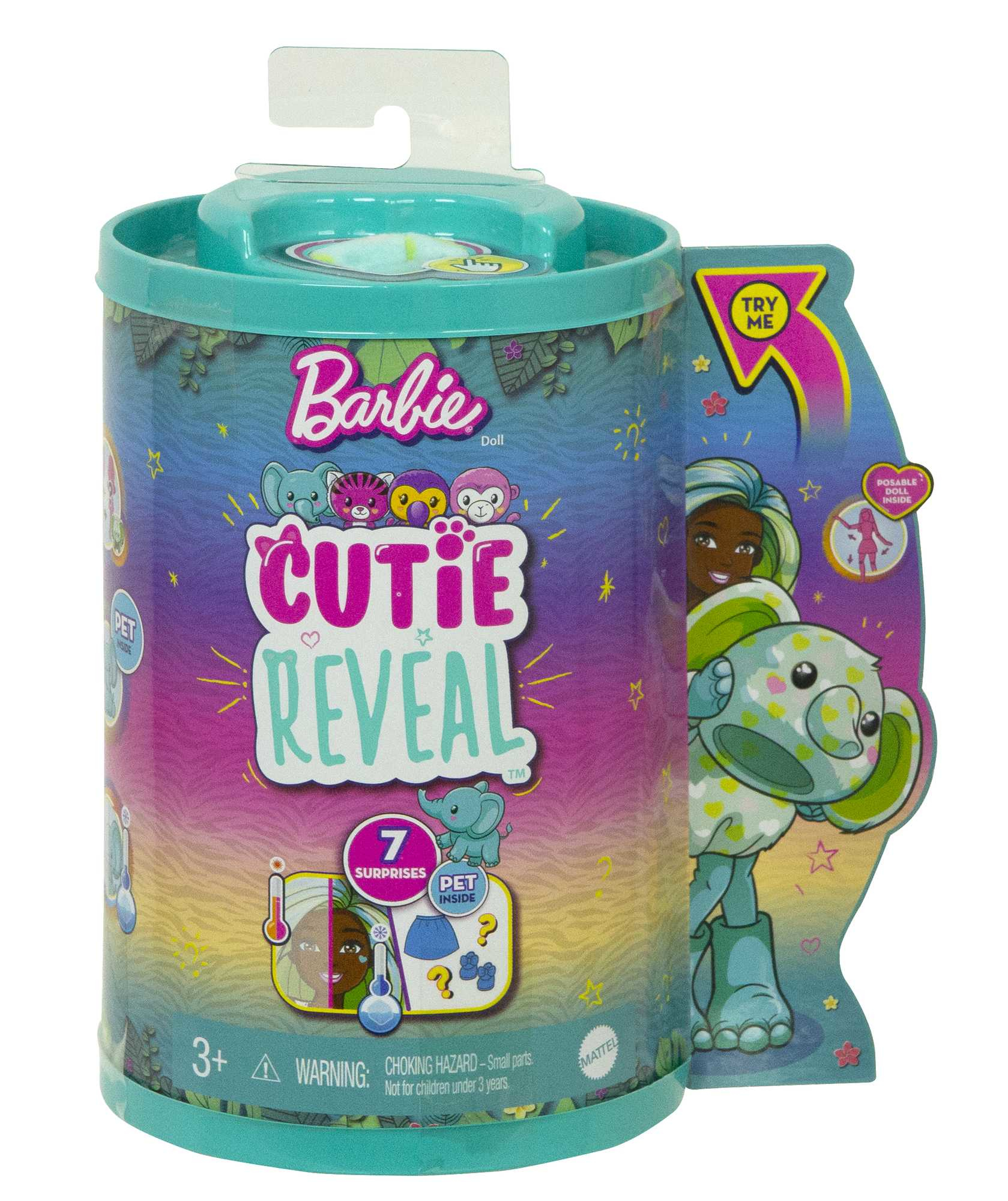 Barbie Cutie Reveal Spielzeugverpackung mit Elefanten-Thema und Barbie-Logo.