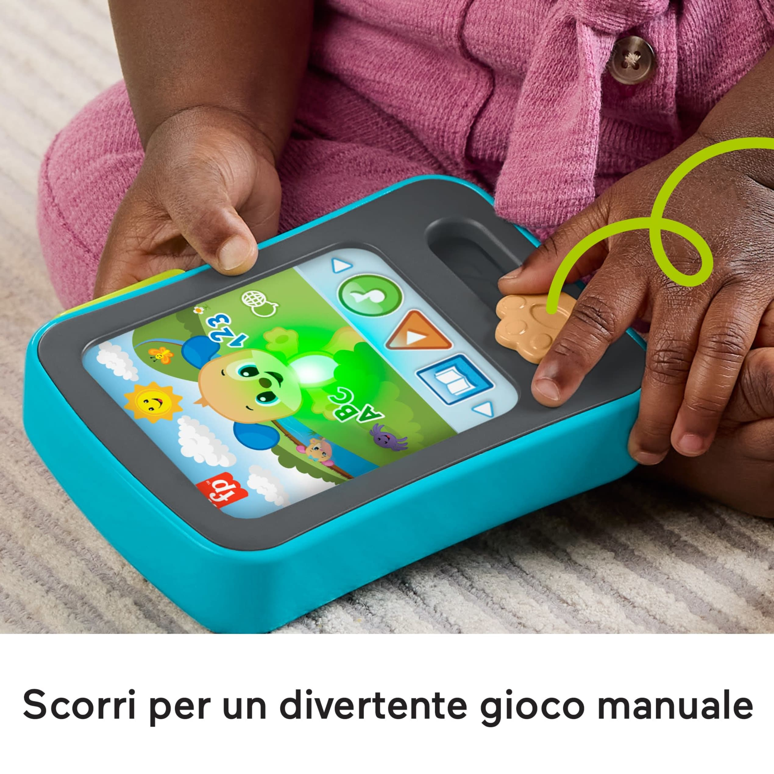 Kinderhände halten ein blaues und graues Spielzeug-Tablet mit einem bunten Bildschirm, der Zeichentrickfiguren und Zahlen zeigt.