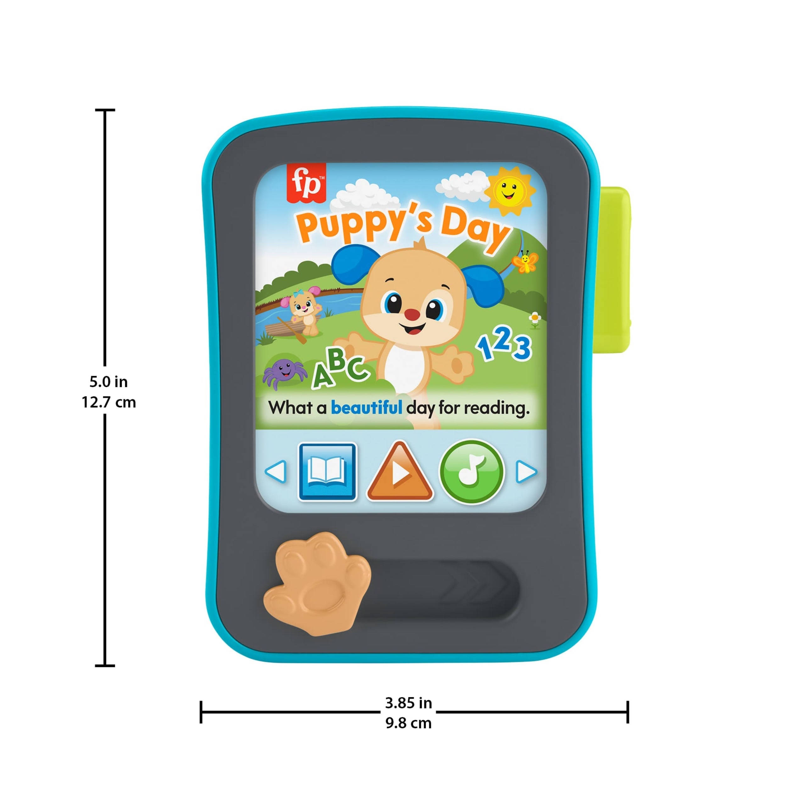 Ein Spielzeug-Tablet mit einem Bildschirm, der einen Cartoon-Welpen, ABC, 123 und den Text „Puppy's Day“ zeigt, mit Abmessungen.