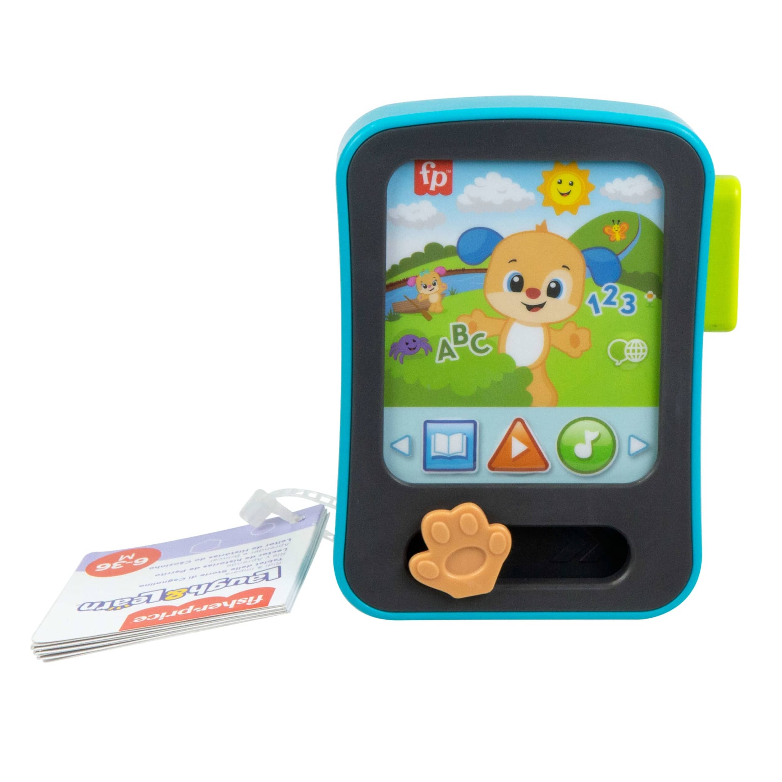 Ein blaues Fisher-Price-Spielzeugtelefon mit einem Hundebild, Zahlen und ABC.
