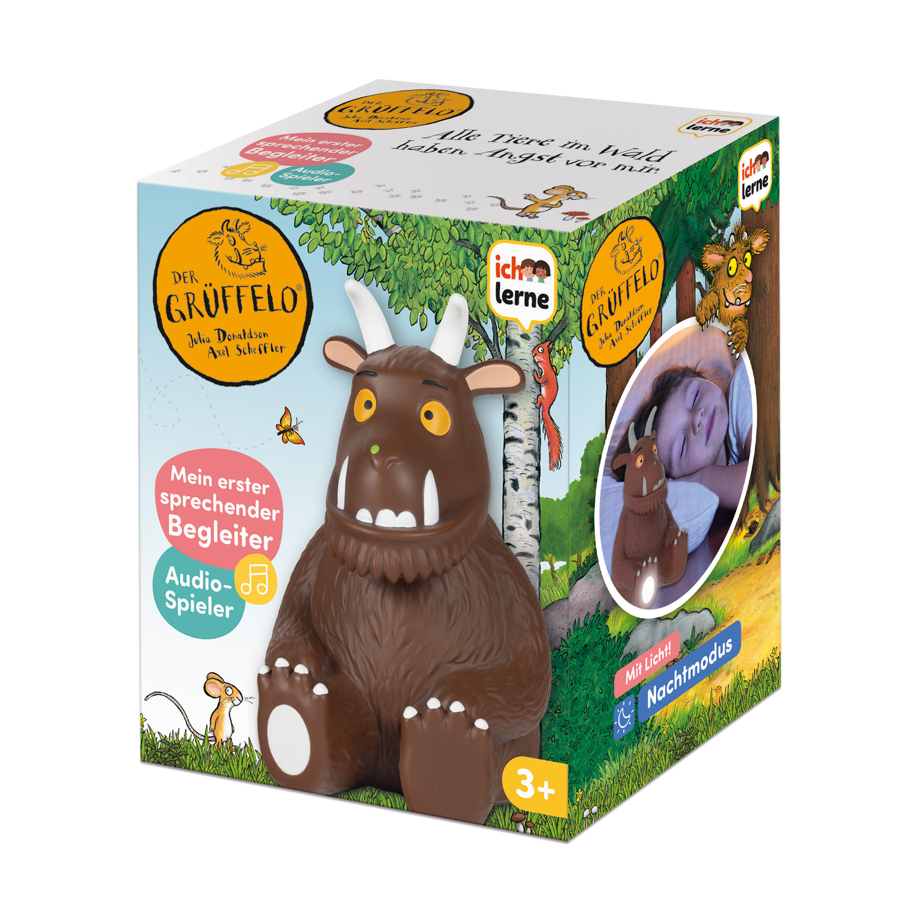 Ein Gruffalo-Spielzeug mit einem Kind im Bett. Enthält Nachtlicht.
