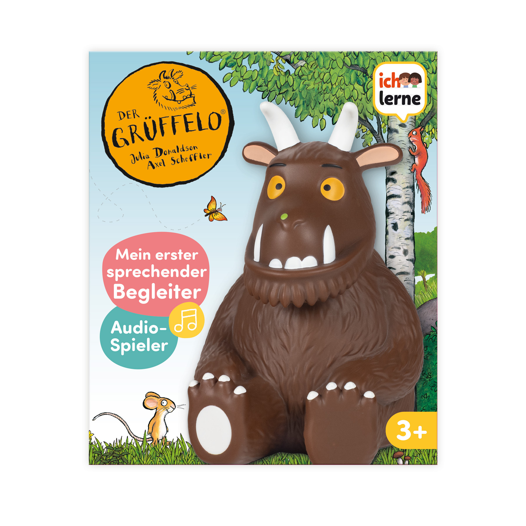 Ein Kinderbuchcover zeigt ein braunes Grüffelo-Spielzeug, eine Maus und ein Eichhörnchen vor einem Waldhintergrund.