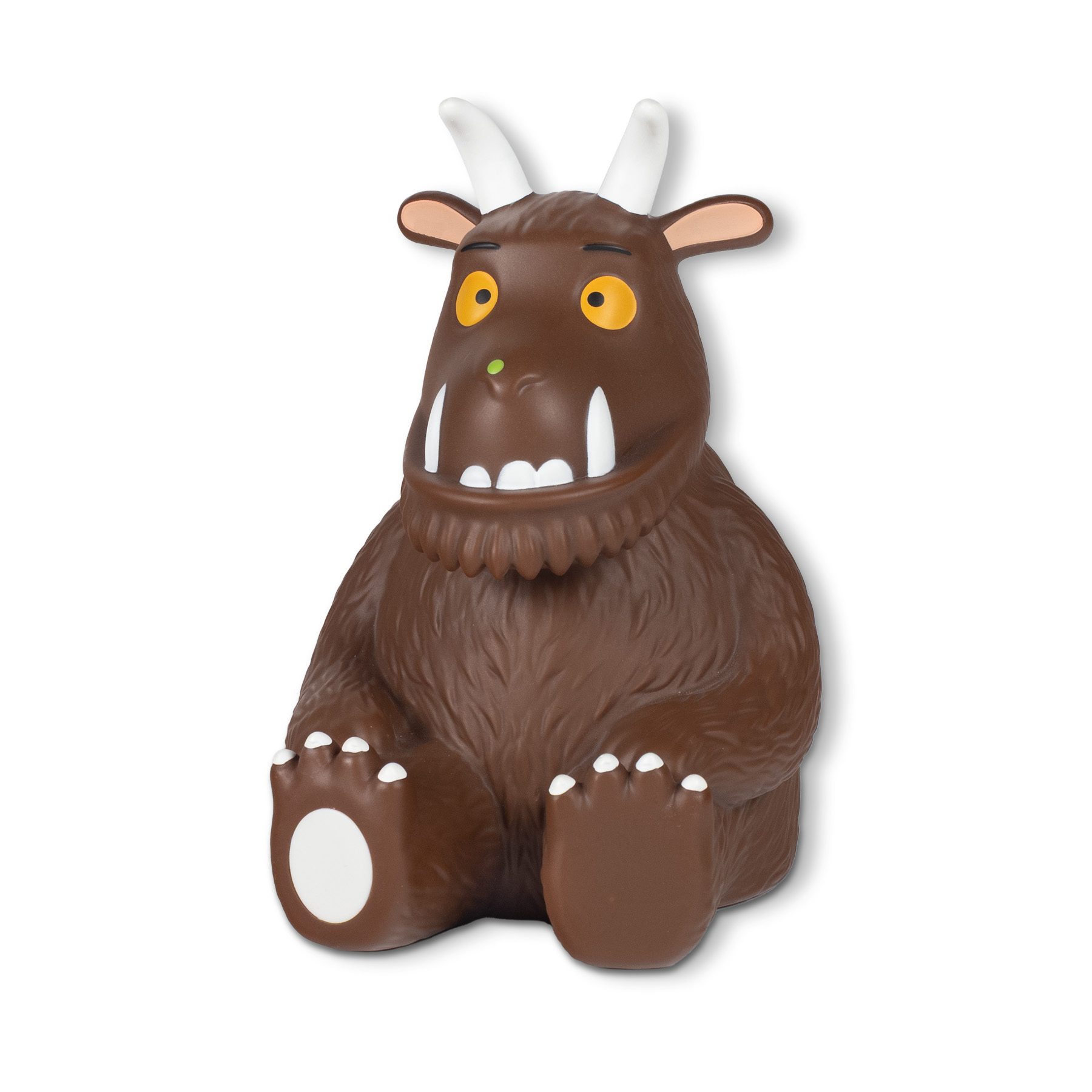 Eine braune Plüschfigur mit gelben Augen, weißen Zähnen und Hörnern.