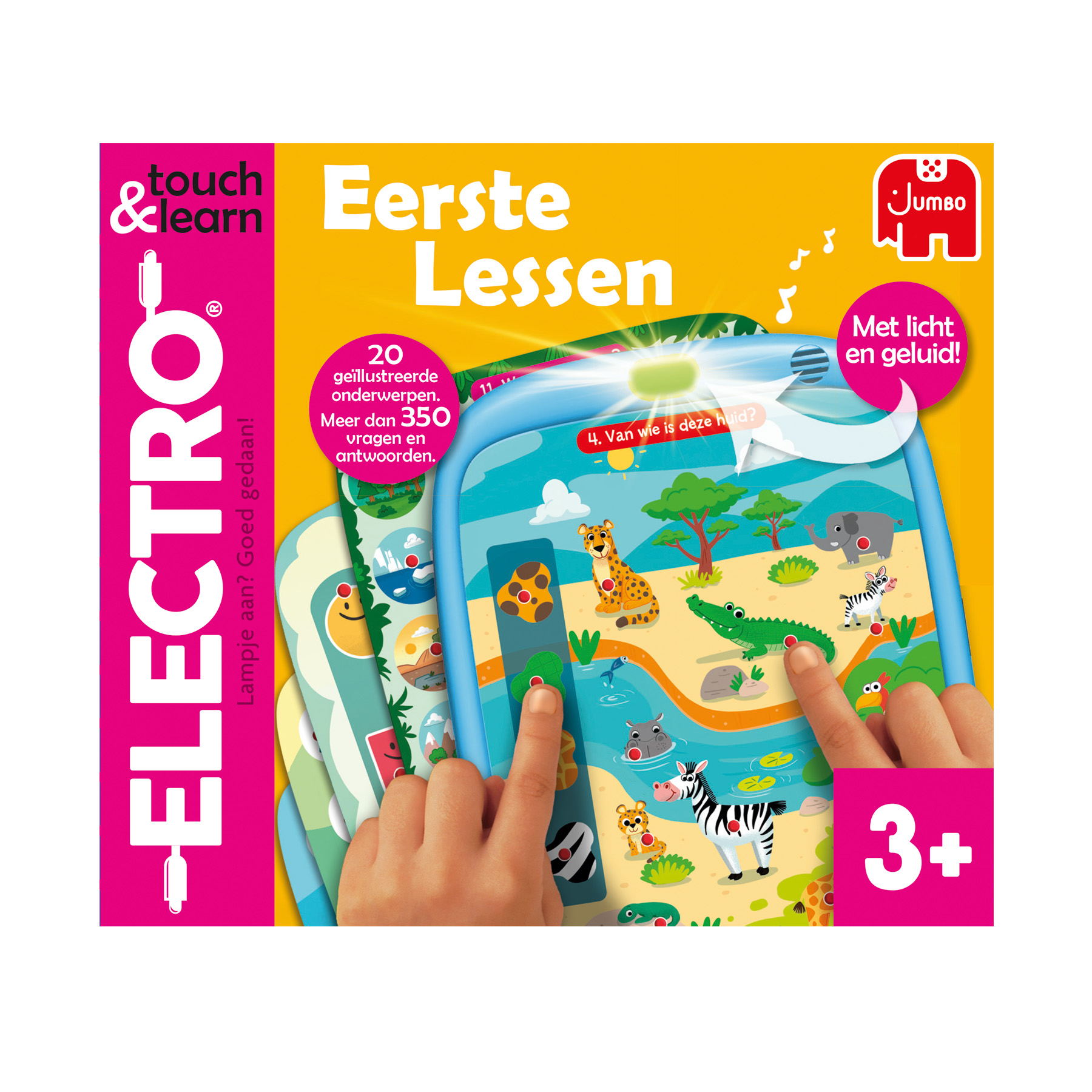 Kinderbuch mit Tieren im Dschungel und einem Finger, der einen Touchscreen bedient.