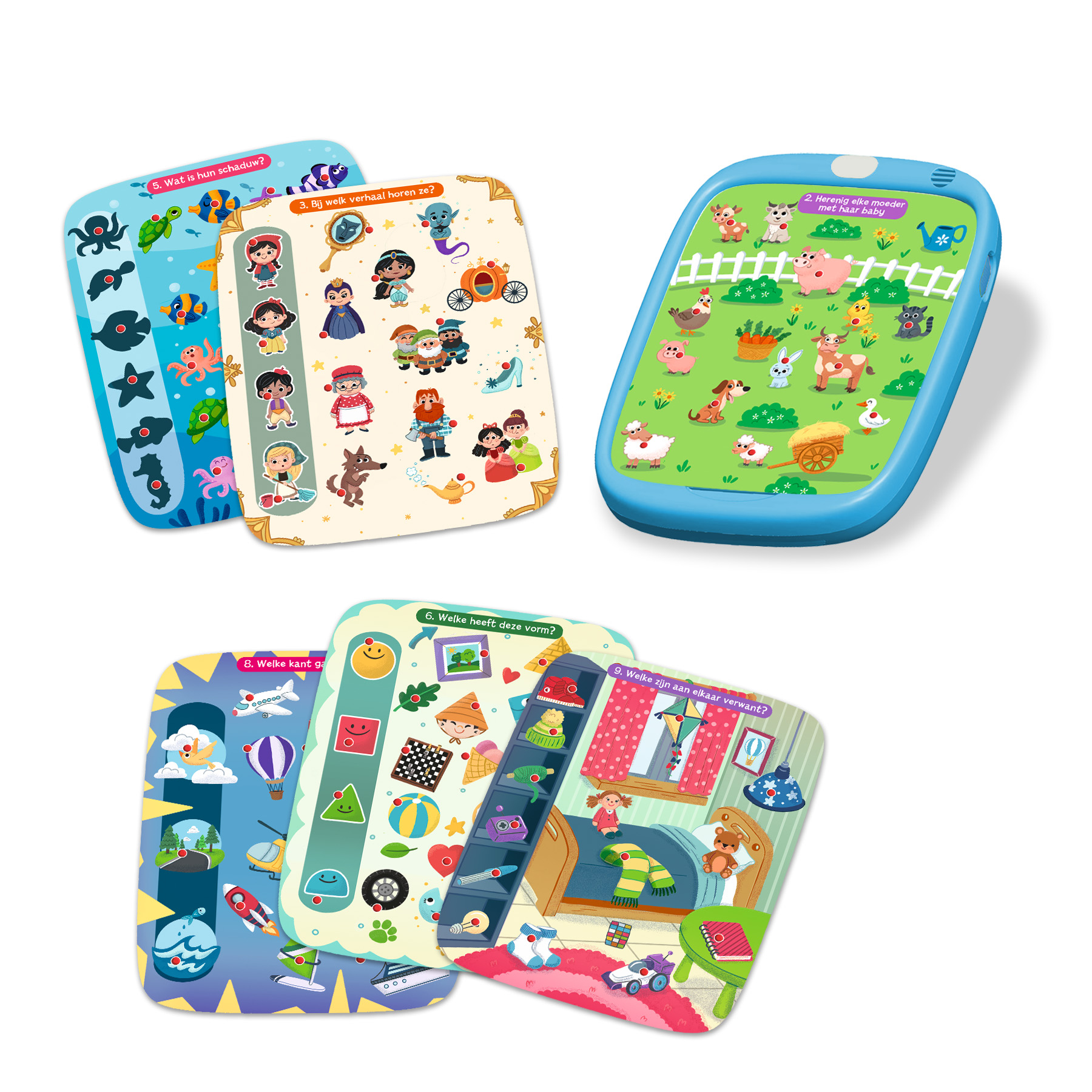 Ein Lernspielzeug-Set mit einem blauen Tablet und mehreren Aktivitätskarten mit Tieren, Märchenfiguren und Haushaltsgegenständen.