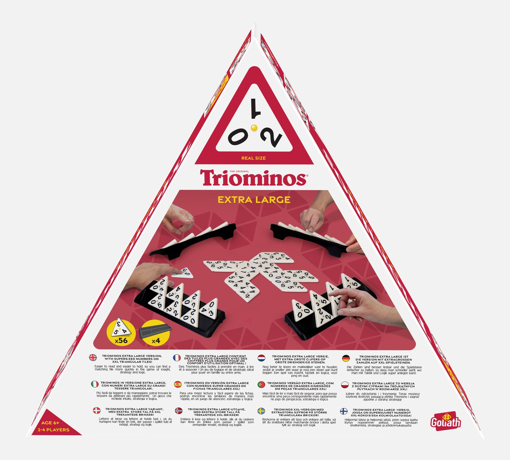 Triominos Spielverpackung mit Spielsteinen und Händen, die spielen.