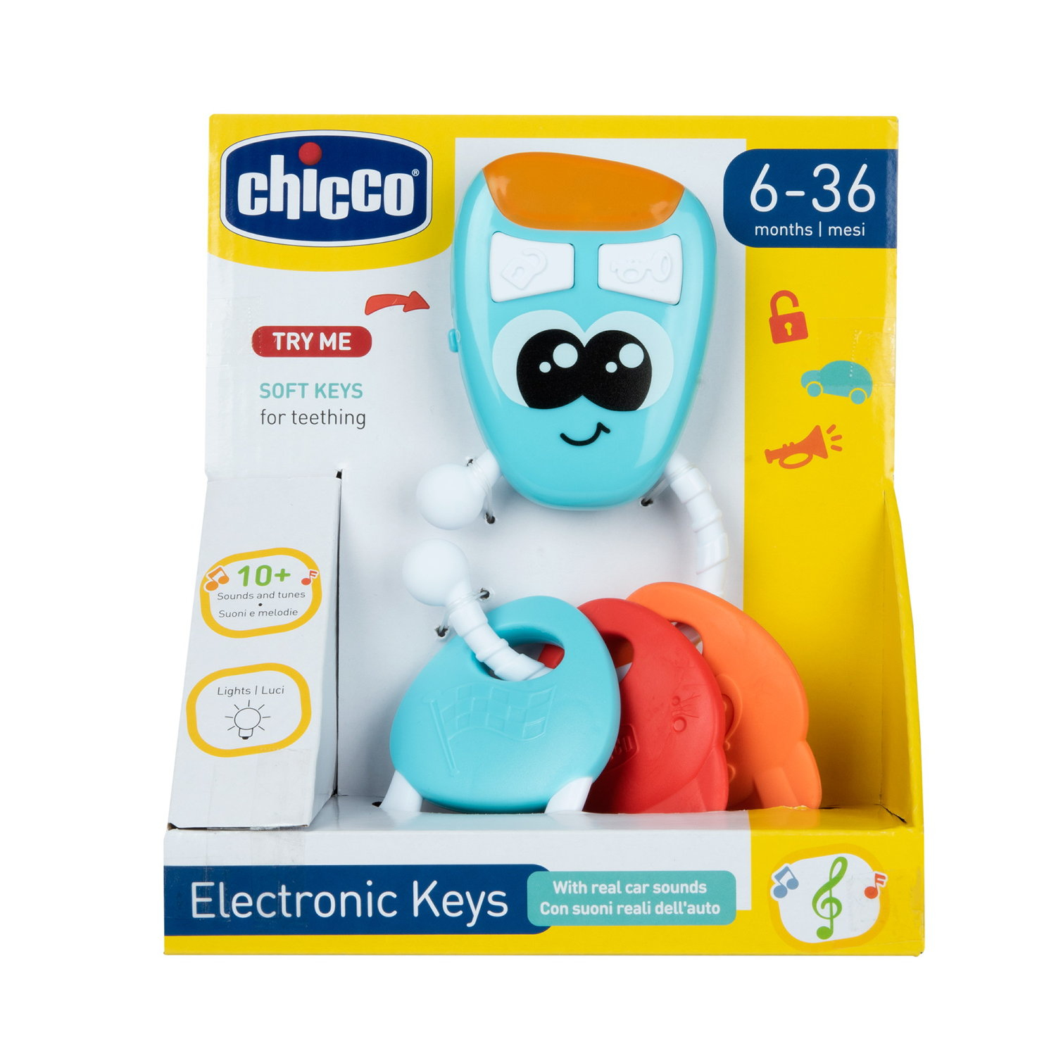 Chicco Elektronische Schlüssel Spielzeug in Verpackung. Ein blauer Schlüssel mit Augen, ein roter Schlüssel und ein orangefarbener Schlüssel sind sichtbar.