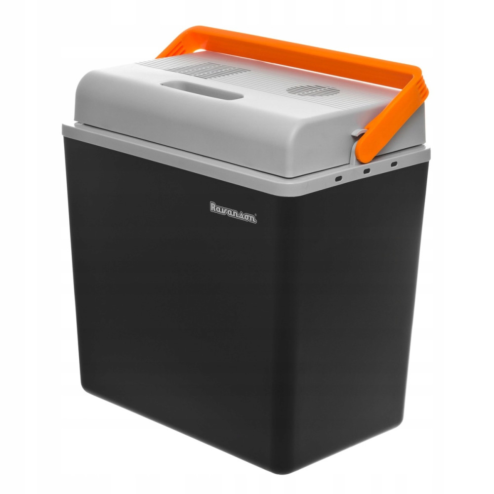 Una borsa frigo portatile nera con coperchio grigio e manico arancione.
