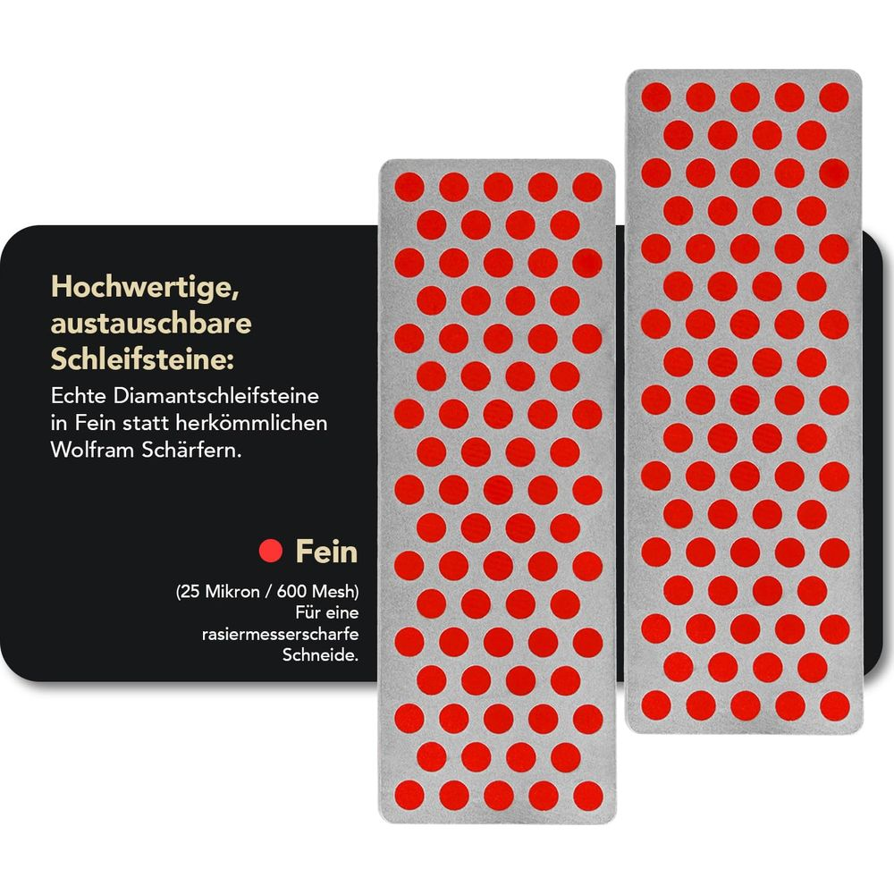 Zwei Diamantschleifsteine mit roten Punkten auf silbernem Grund, für feine Schärfe.