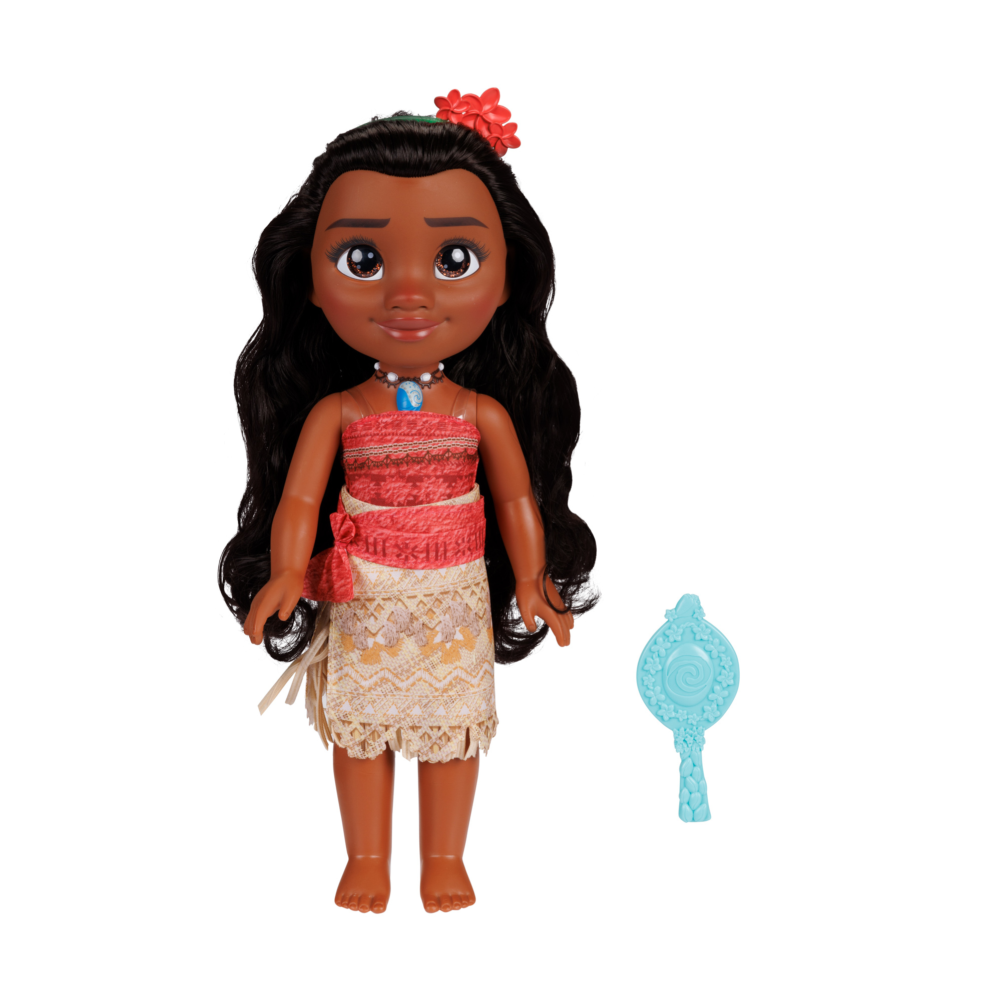 Moana Puppe mit dunkler Haut, langen schwarzen Haaren, einer roten Blume im Haar und einer hellblauen Halskette. Sie trägt ein rotes Oberteil, einen gemusterten Rock und hält einen blauen Spiegel.