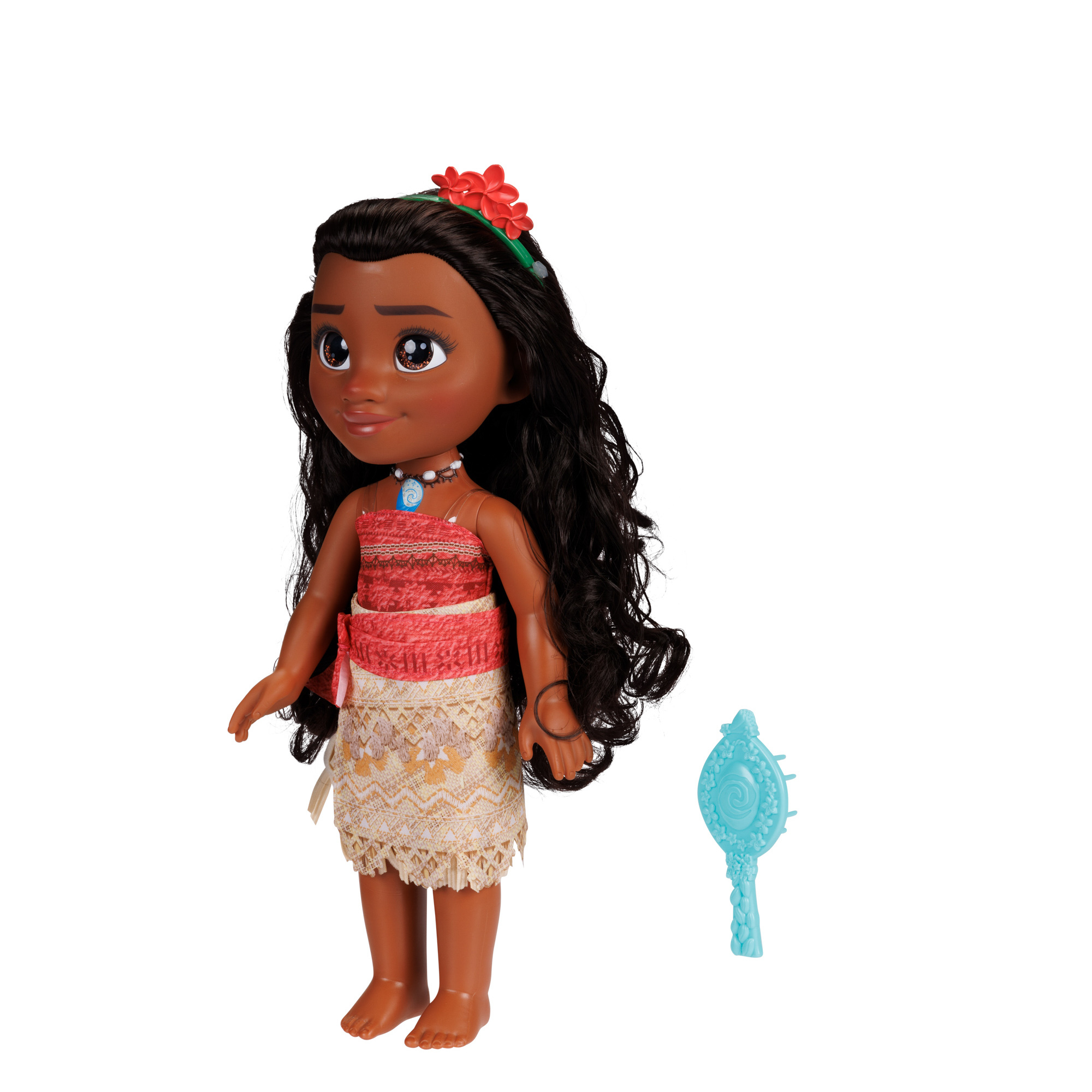 Moana-Puppe mit dunkler Haut, langen welligen schwarzen Haaren, rotem Blumenstirnband, rot-beigem Outfit und einem blauen Kamm.