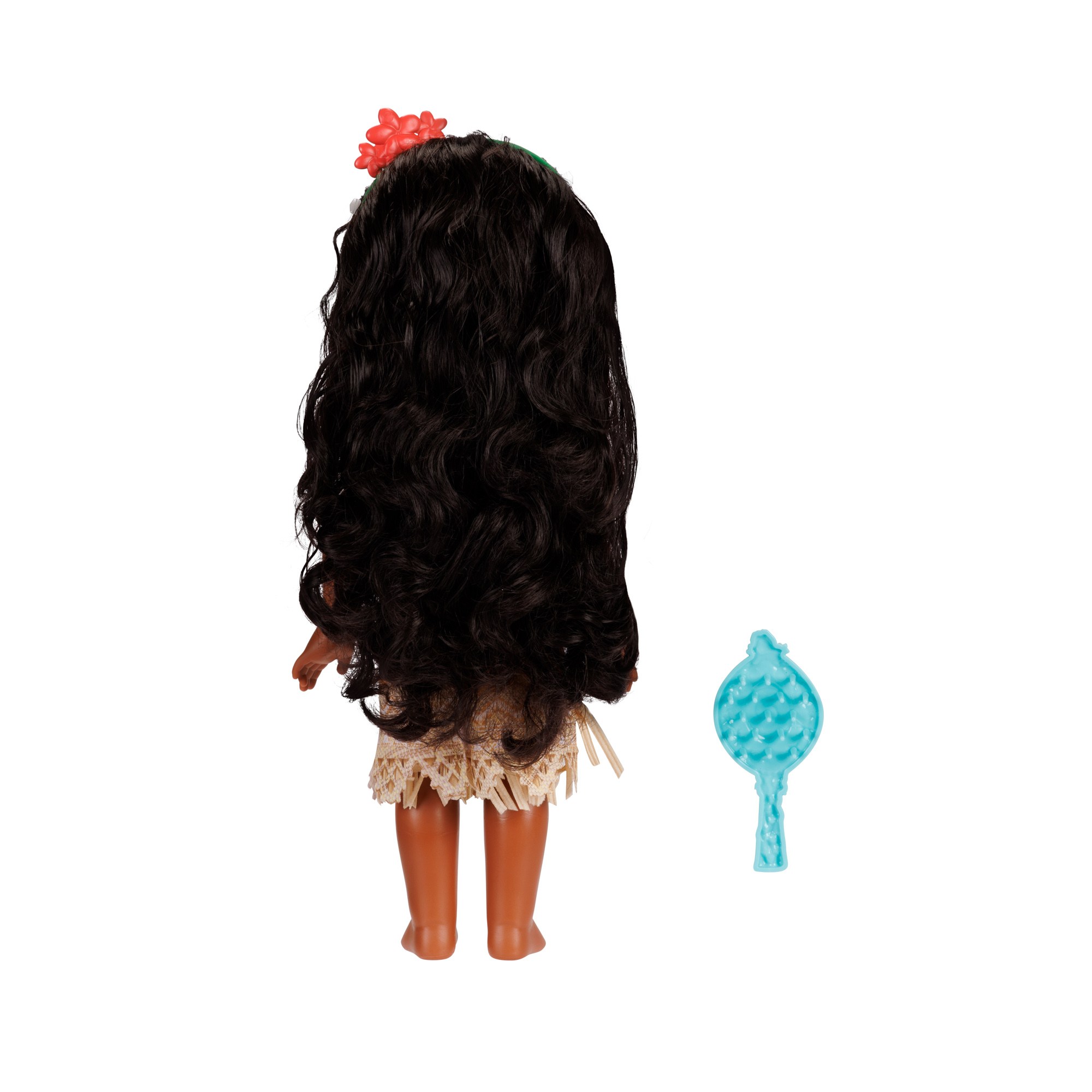 Eine Puppe mit langen schwarzen Haaren, die von hinten zu sehen ist, und eine blaue Haarbürste.