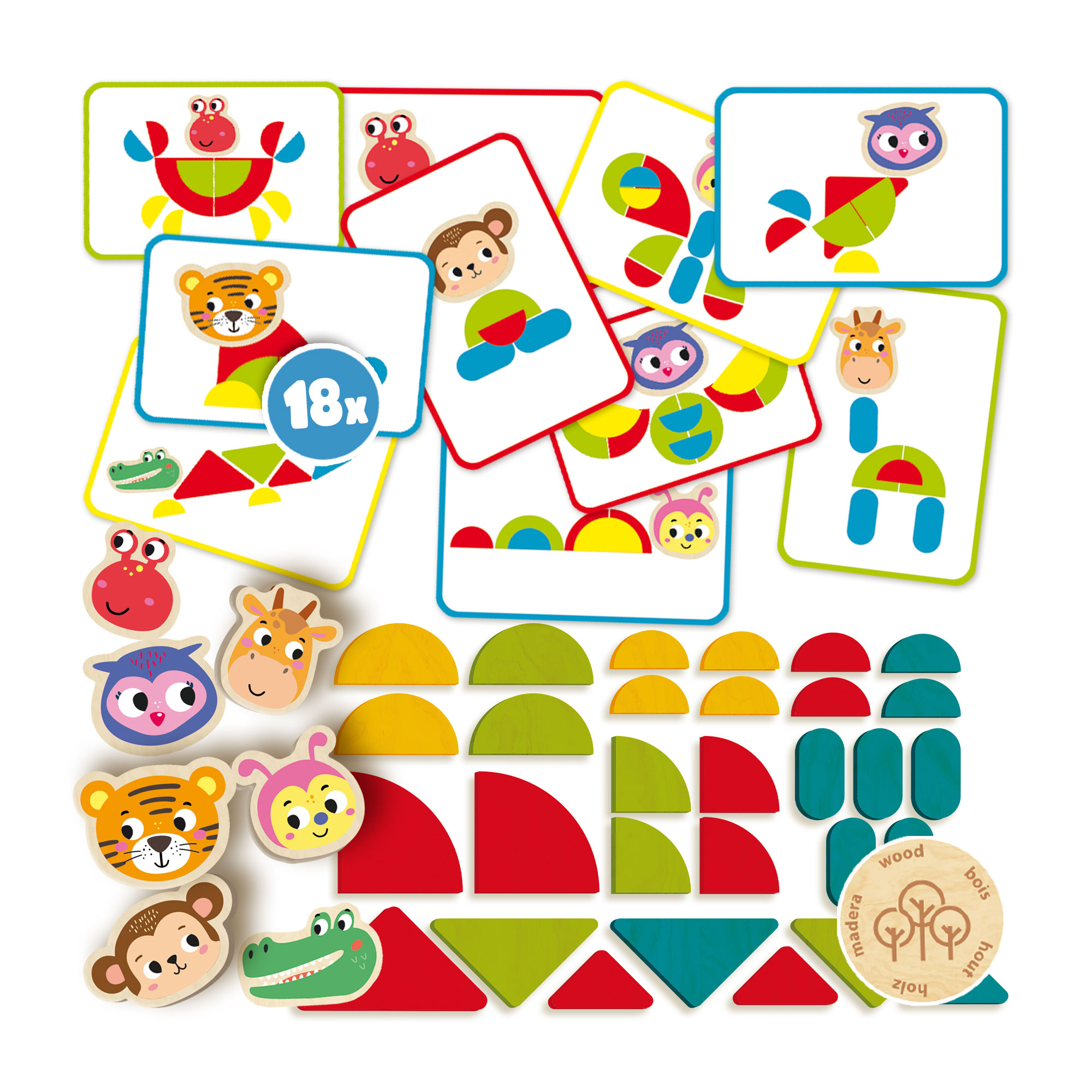 Ein farbenfrohes Tangram-Puzzle-Set mit Tierkarten und geometrischen Holzstücken in Rot, Gelb, Grün und Blau.