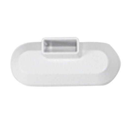 Un objeto blanco, alargado y ovalado con una protuberancia rectangular en la parte superior, centrado sobre un fondo blanco.