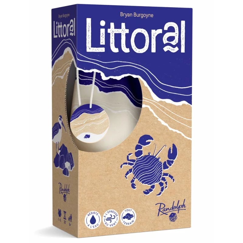 Couverture du jeu de société Littoral avec crabe, oiseau et scène de plage.