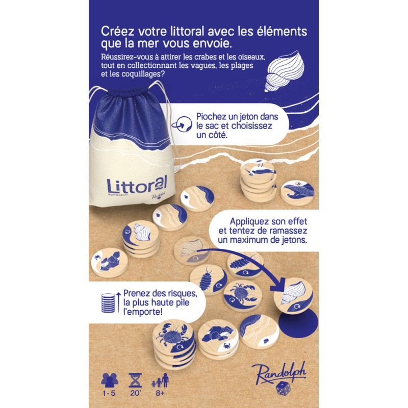 Plateau de jeu avec du sable, un sac et des jetons en bois motifs marins.