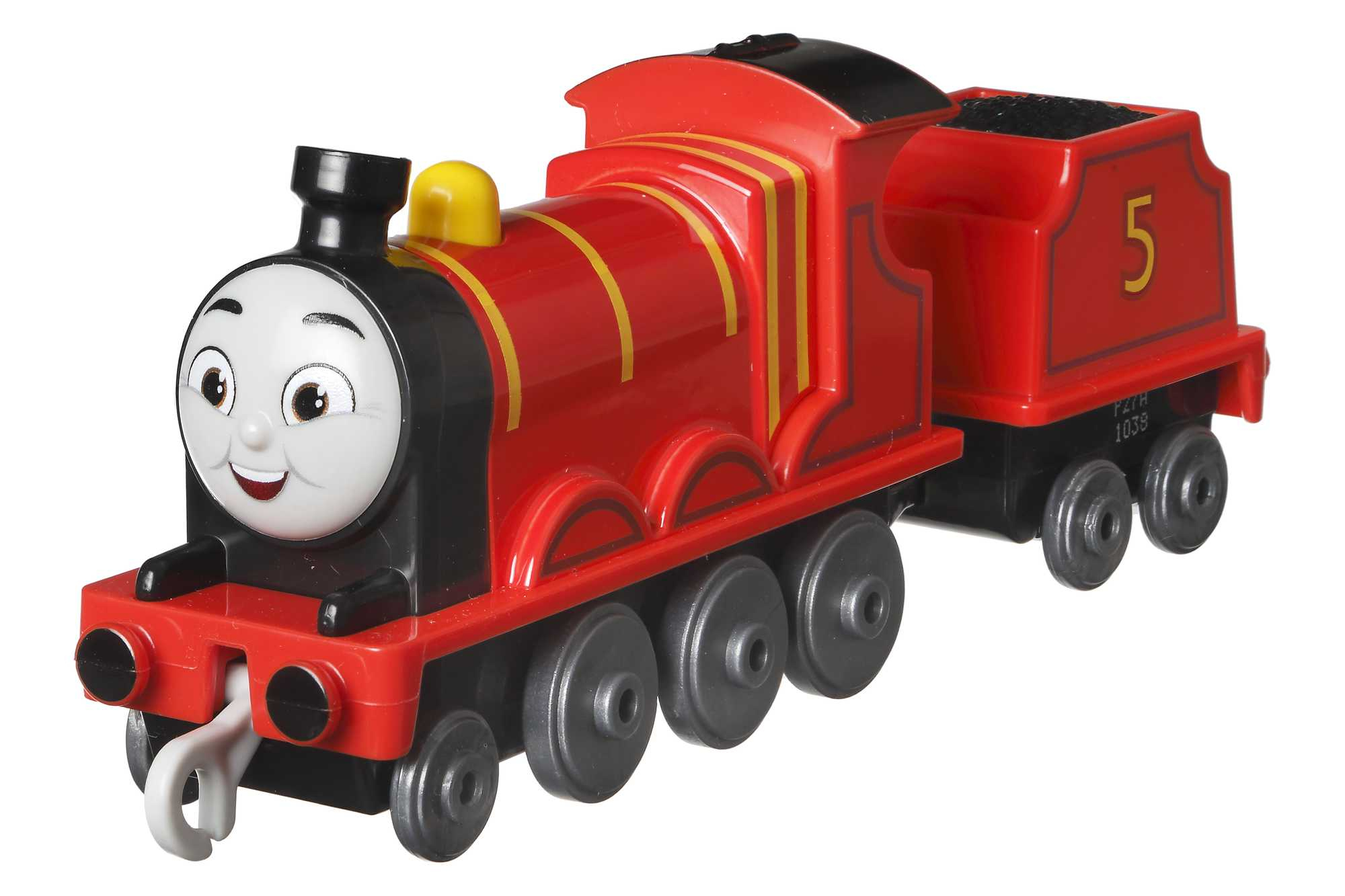 Un trenino rosso con la faccia di un personaggio e il numero 5 sul tender.