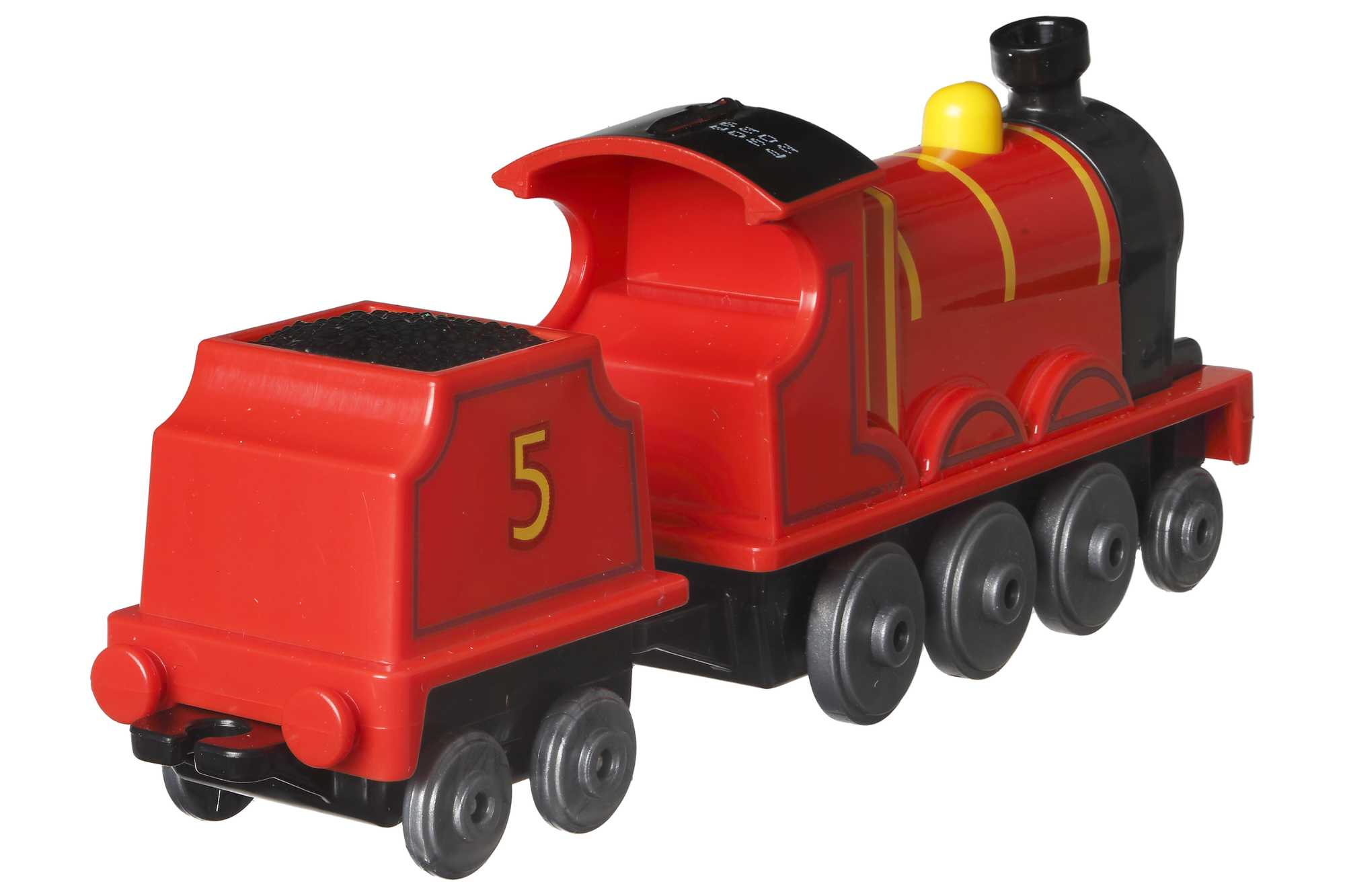 Una locomotiva giocattolo rossa con il numero 5 e un vagone carbone.