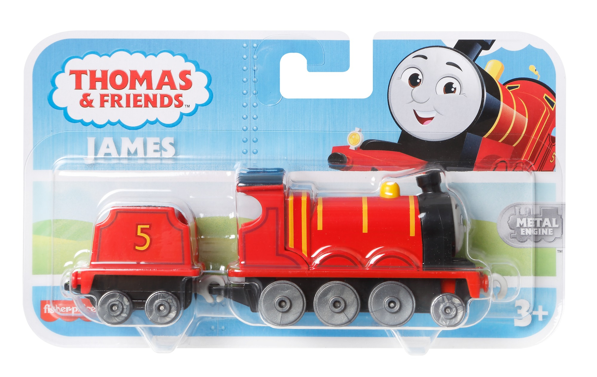 Un trenino rosso con il numero 5, confezionato e con il logo Thomas & Friends.