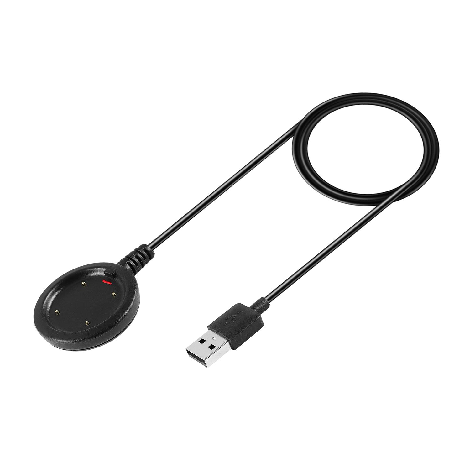 Ein schwarzes USB-Ladekabel mit einem runden Magnetstecker für Smartwatches.