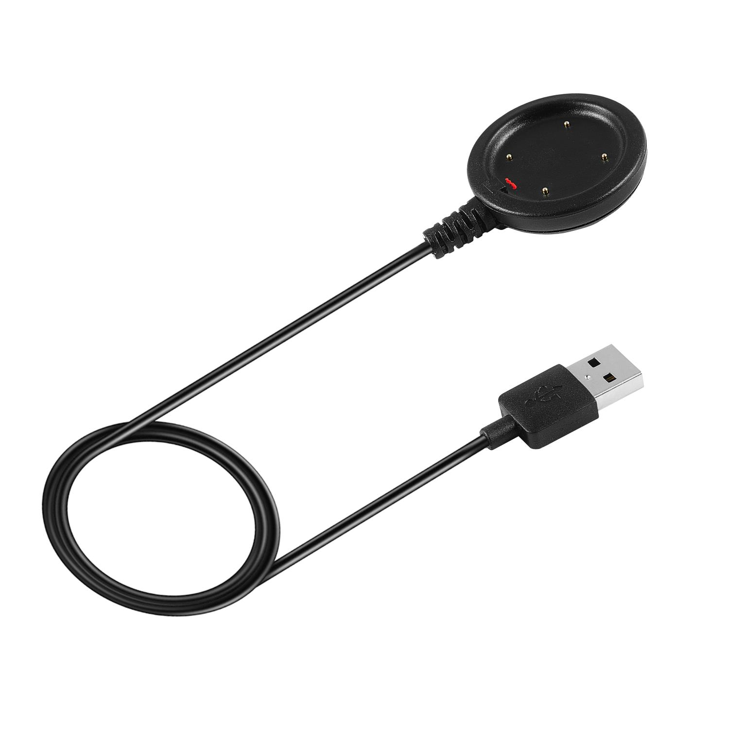 Ein schwarzes Smartwatch-Ladegerät mit USB-Anschluss. Der Lade-Puck hat vier Pins.