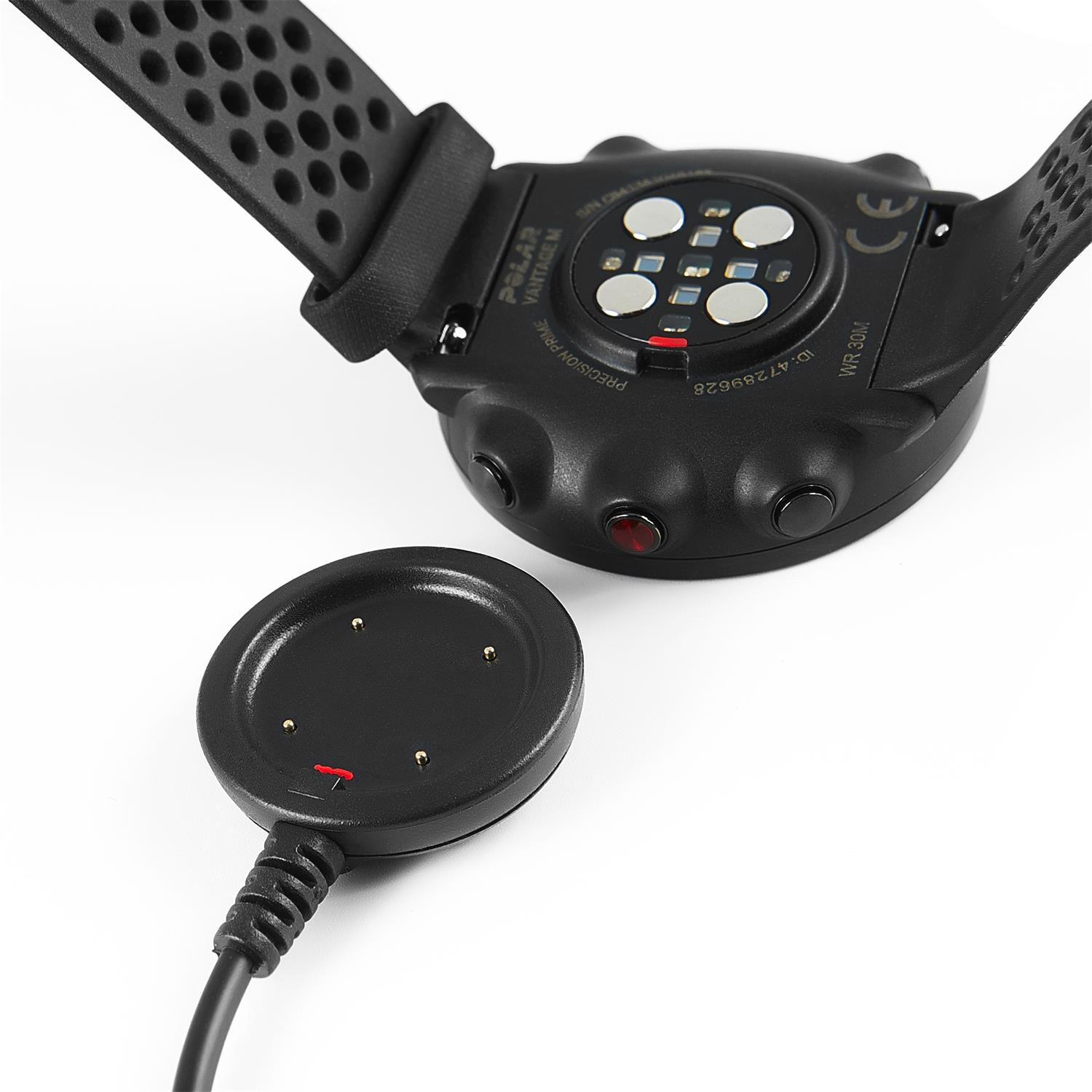 Schwarzes Polar Vantage M Smartwatch-Ladegerät mit Sensorrückseite und Ladekabel.