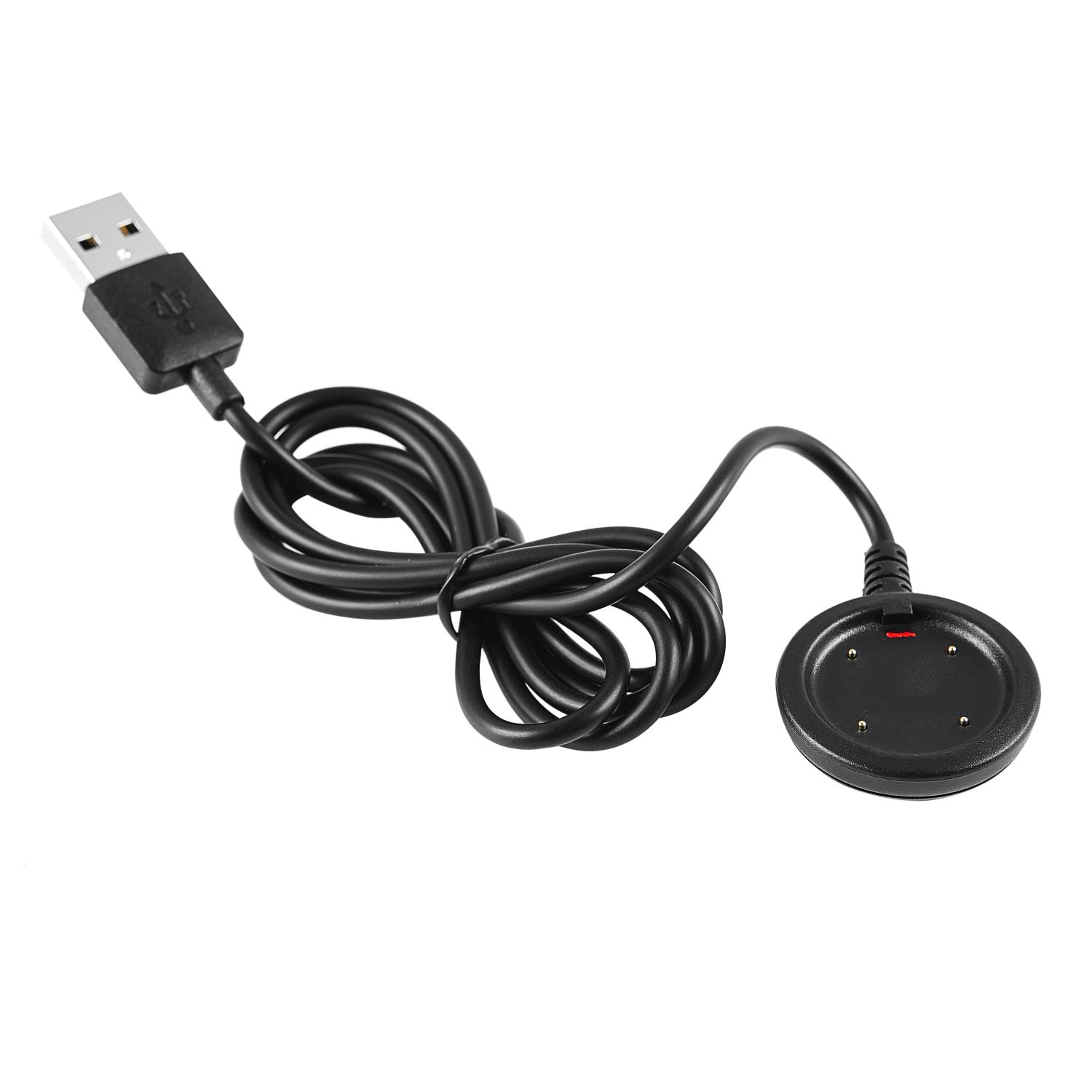 Schwarzes USB-Ladekabel mit rundem magnetischem Ladeende und Spulenkabel.