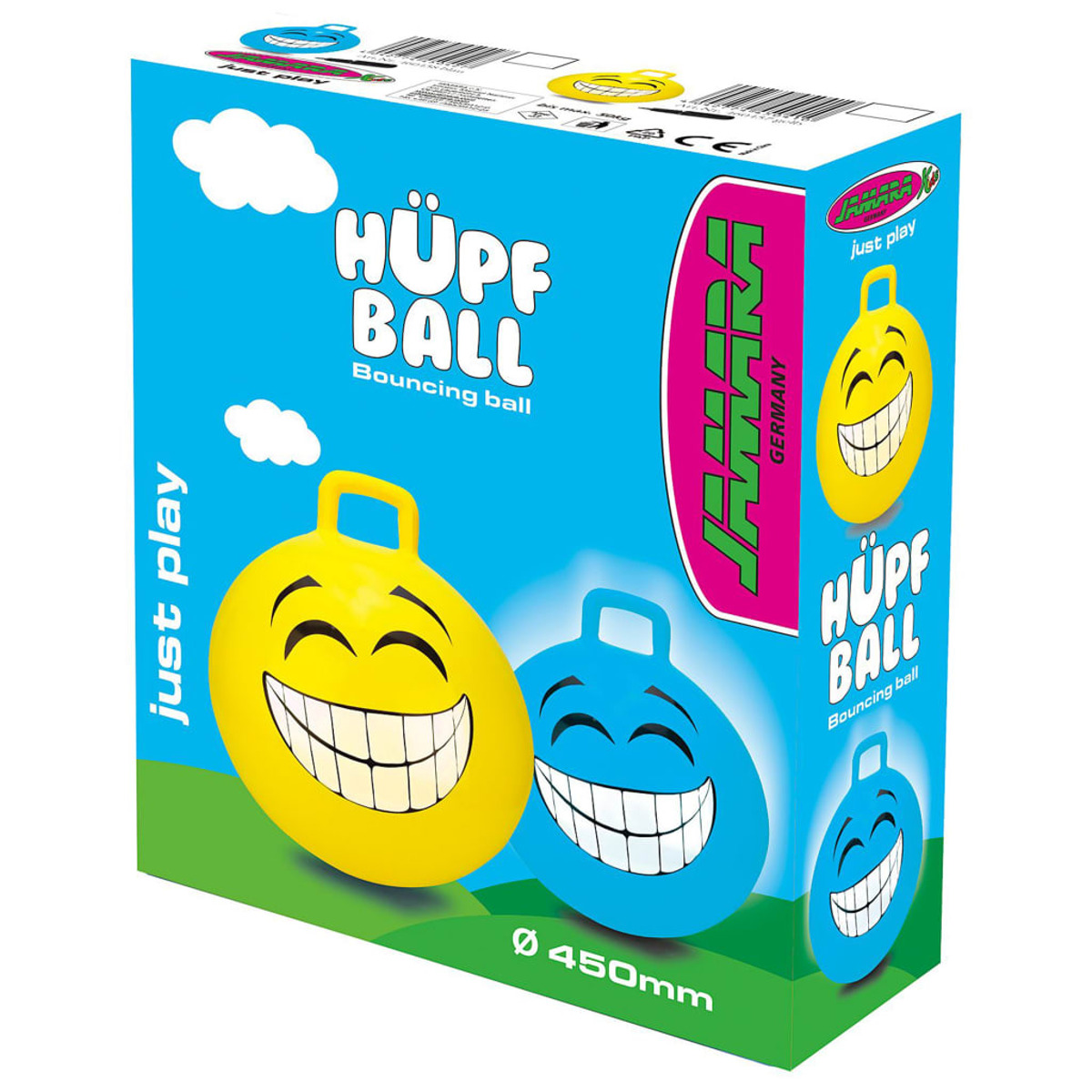 Box mit zwei Hüpfbällen, gelb und blau, mit Smiley-Gesichtern. 450 mm Durchmesser.