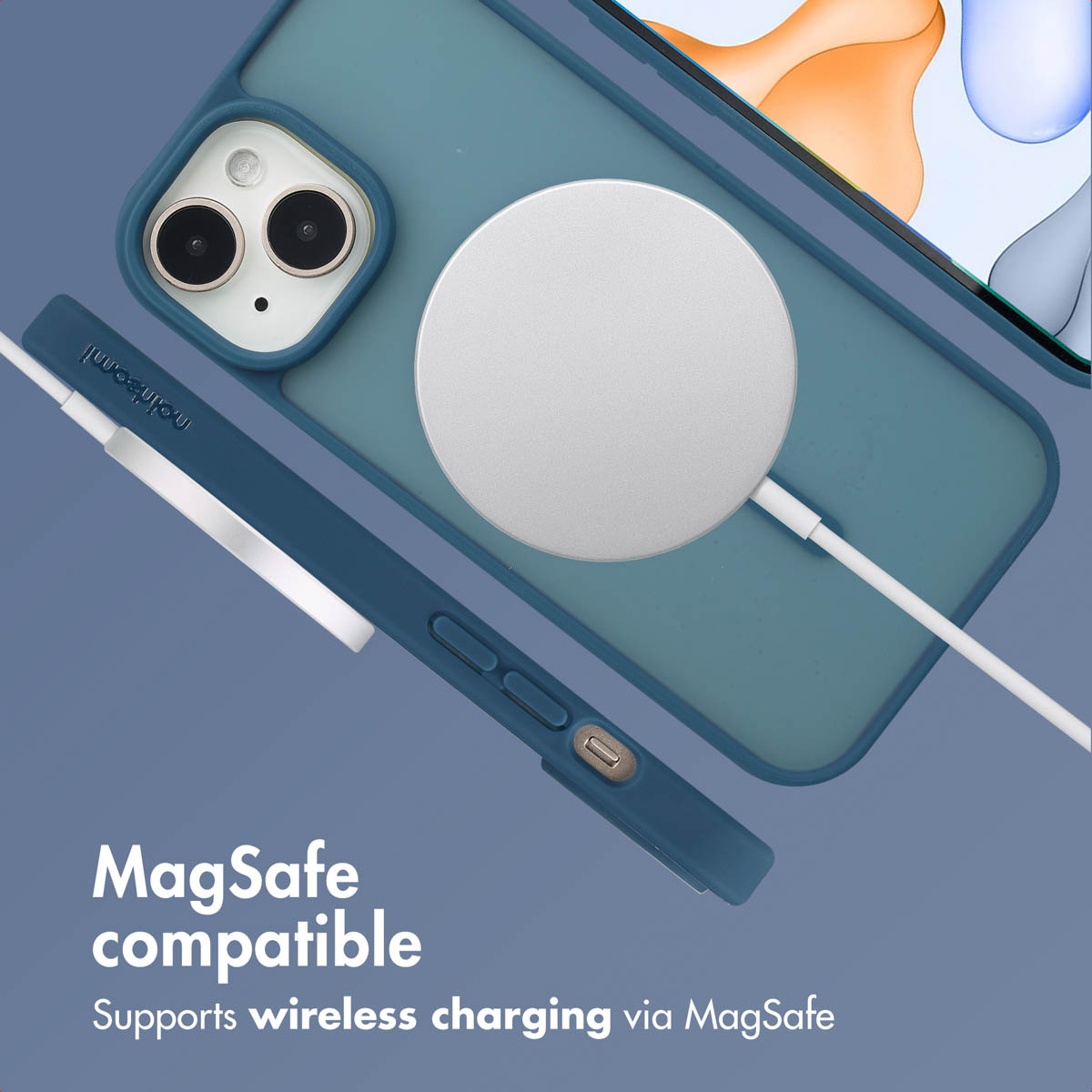 Una custodia blu per telefono con caricabatterie MagSafe e cavo.