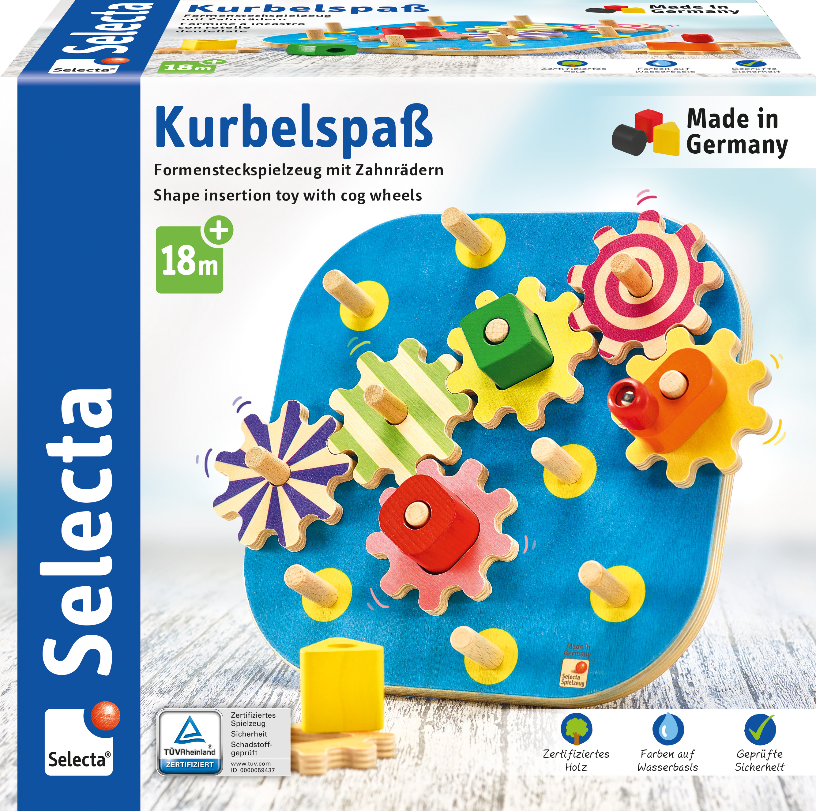 Holzspielzeug mit Zahnrädern in bunten Farben auf blauem Brett, Made in Germany.