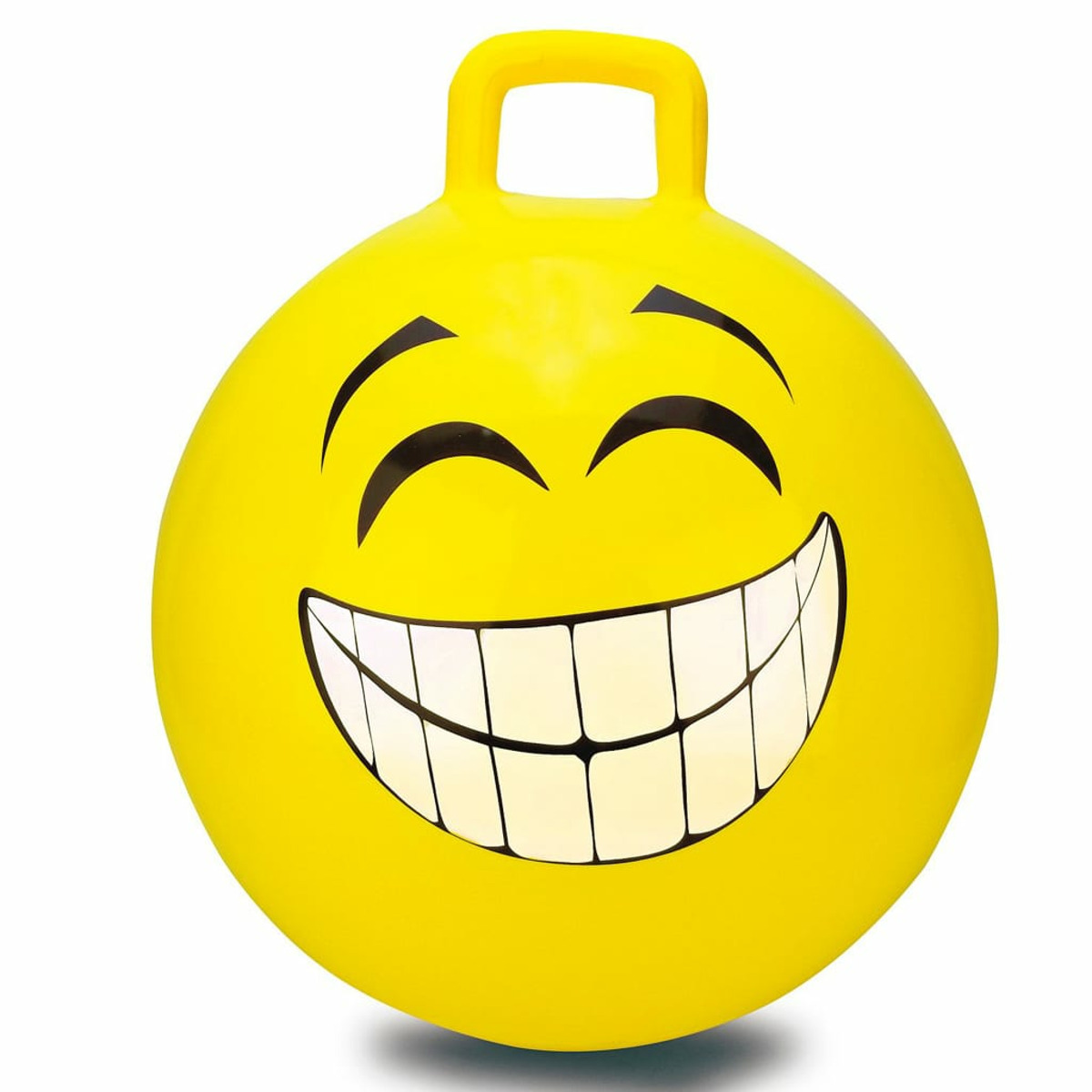 Ein gelber Hüpfball mit einem breiten Smiley-Gesicht und einem Griff.