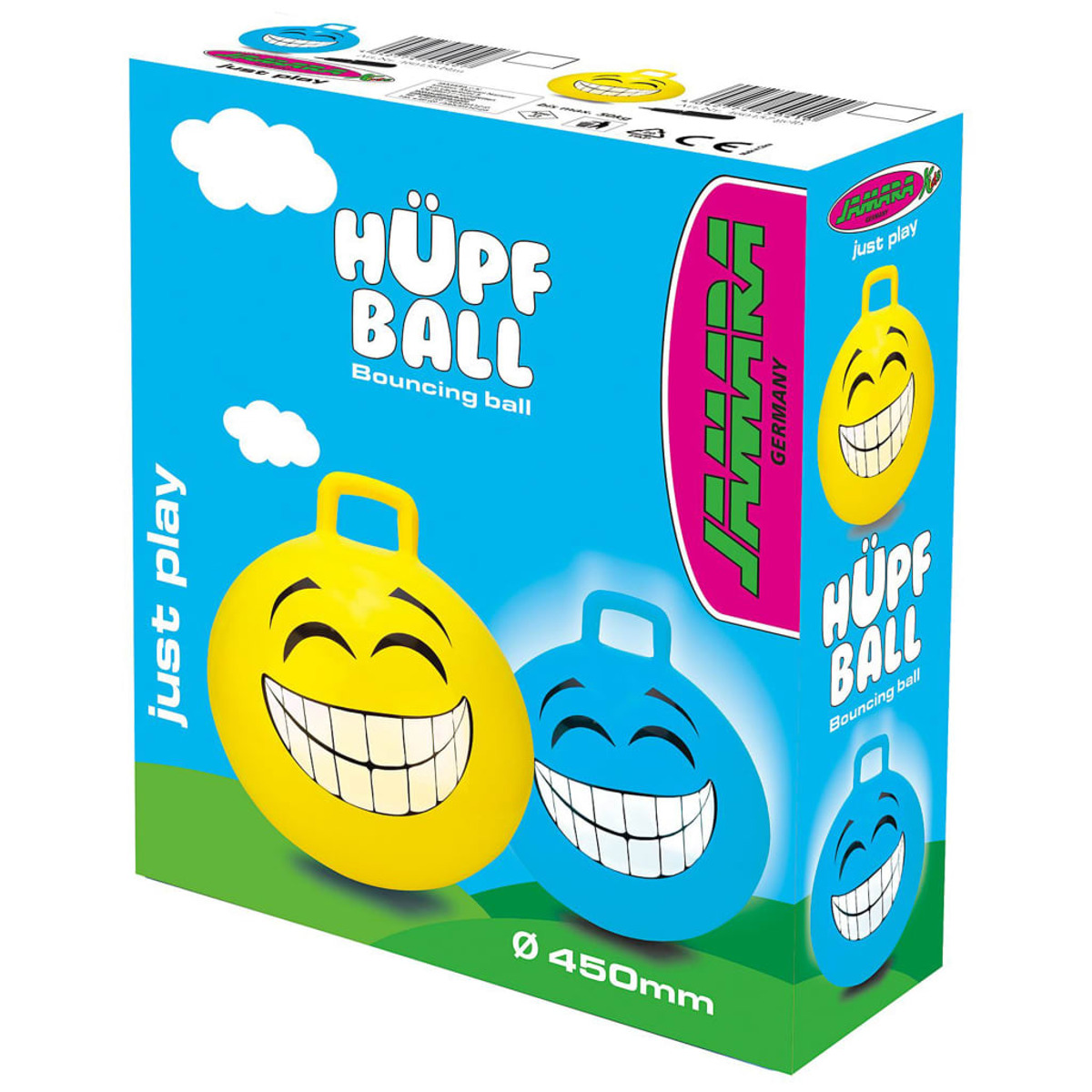 Verpackung für einen Hüpfball mit Smiley-Gesicht, blau und gelb.