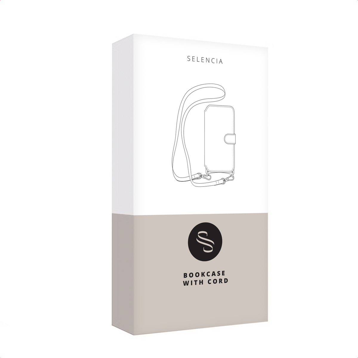 Una scatola bianca e beige con un disegno a linee di una custodia per telefono con tracolla, etichettata "SELENCIA" e "BOOKCASE WITH CORD".