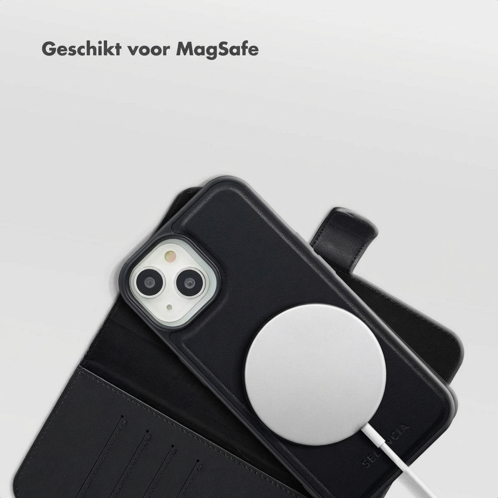 Black iPhone with MagSafe charger and case.