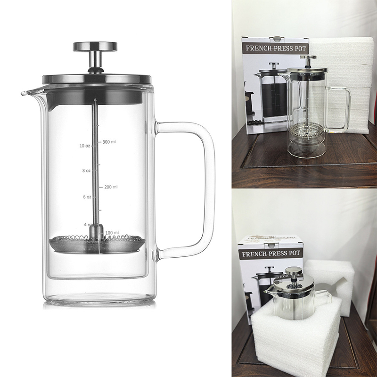 Eine Glas-French-Press-Kanne mit Metallgriff und Messungen in ml und oz.