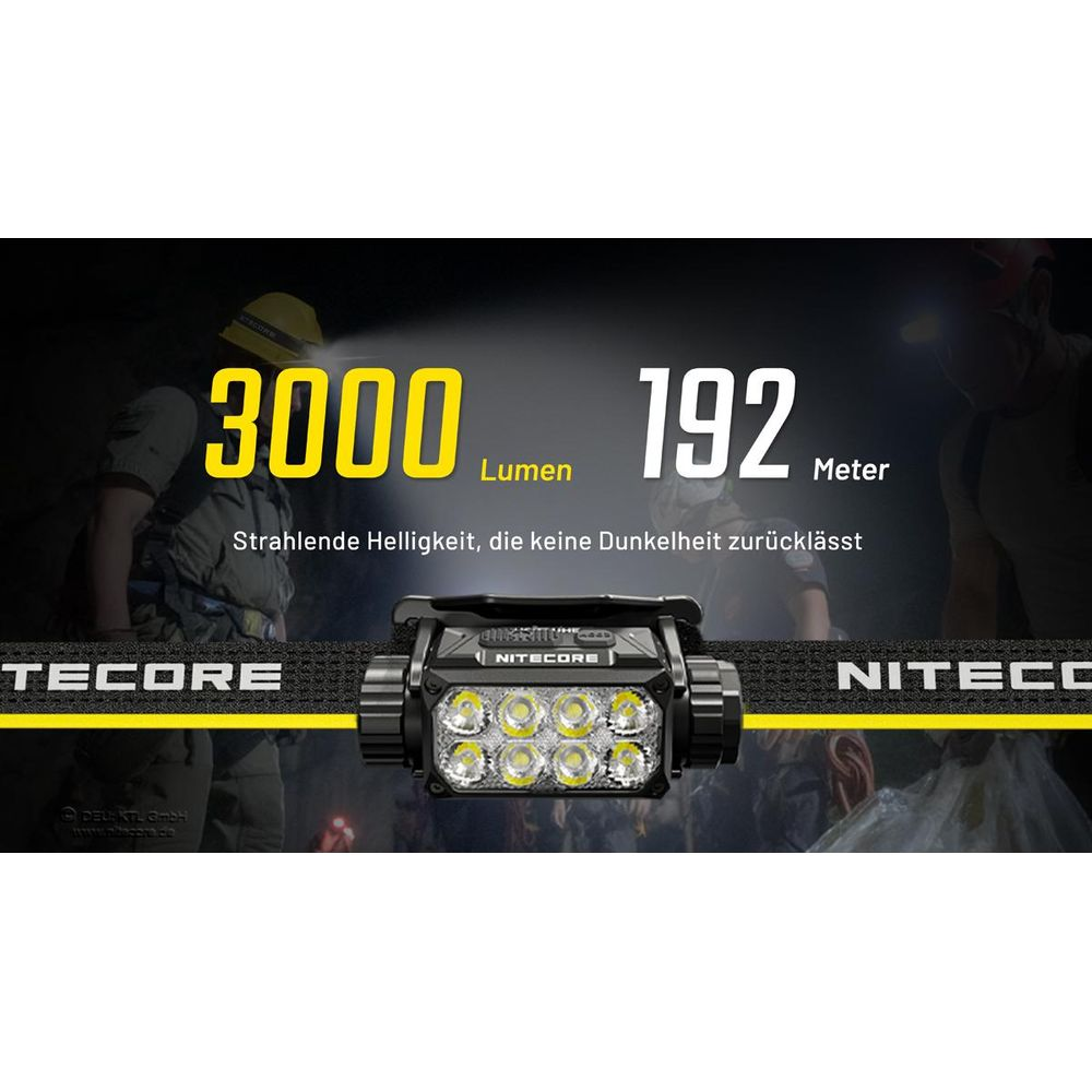 Nitecore Stirnlampe mit 3000 Lumen und 192m Reichweite.