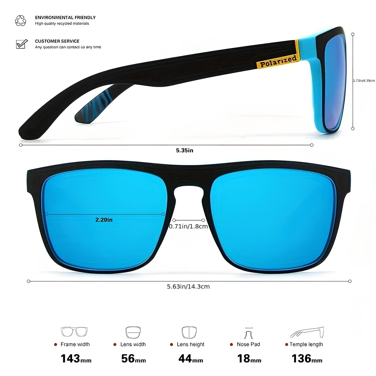 Eine schwarz-blaue, polarisierte Sonnenbrille mit verschiedenen Abmessungen und Kundendienstinformationen auf weißem Hintergrund.