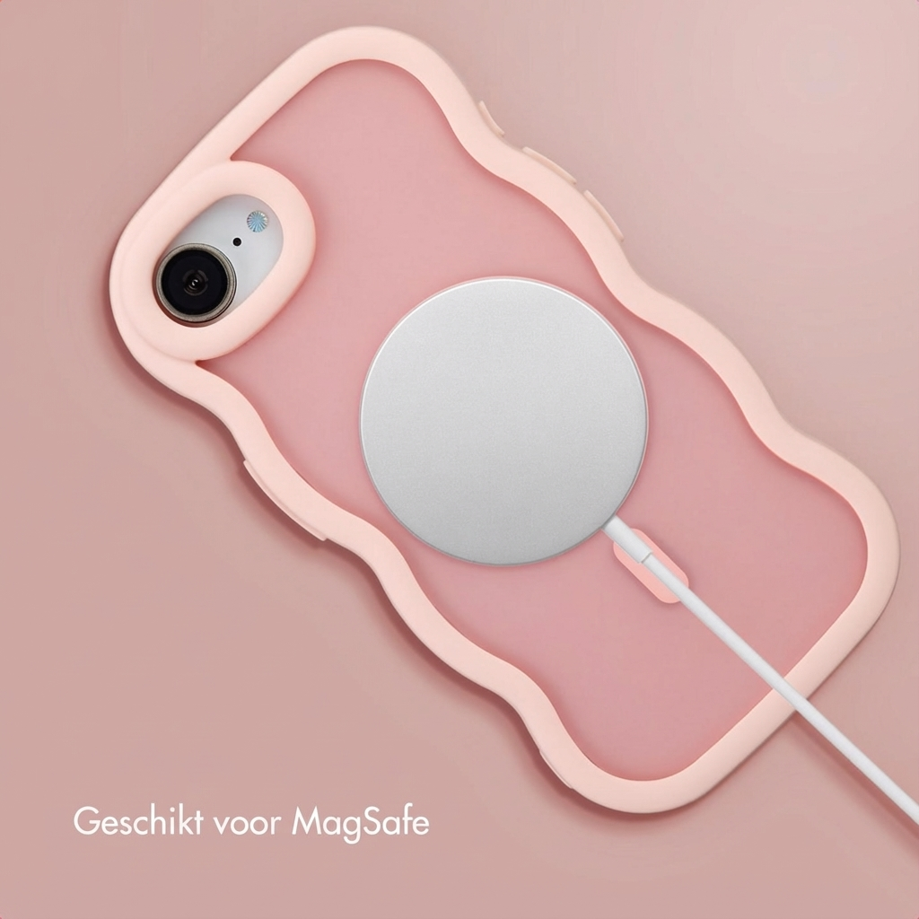 Ein rosa iPhone mit MagSafe-Ladegerät, auf einem rosa Hintergrund.