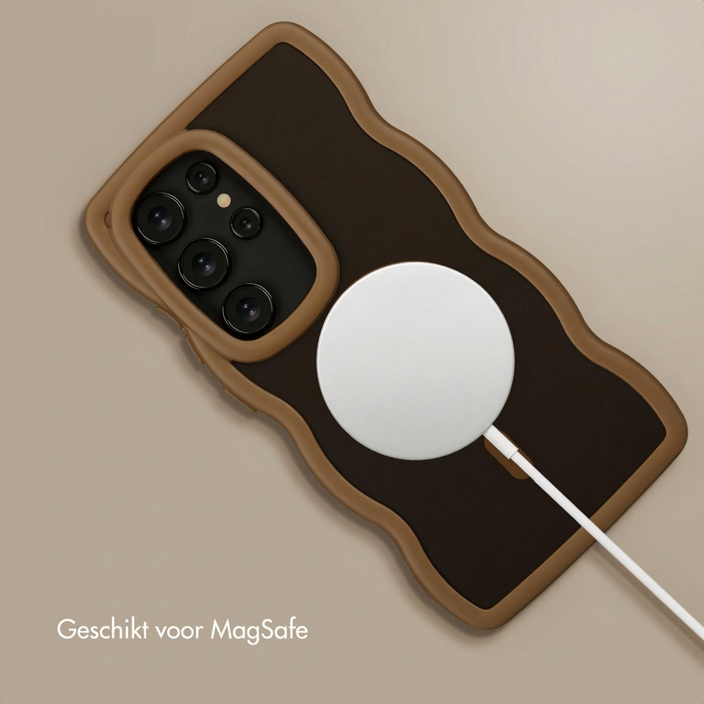 Custodia marrone per telefono con caricatore MagSafe e array fotocamera.