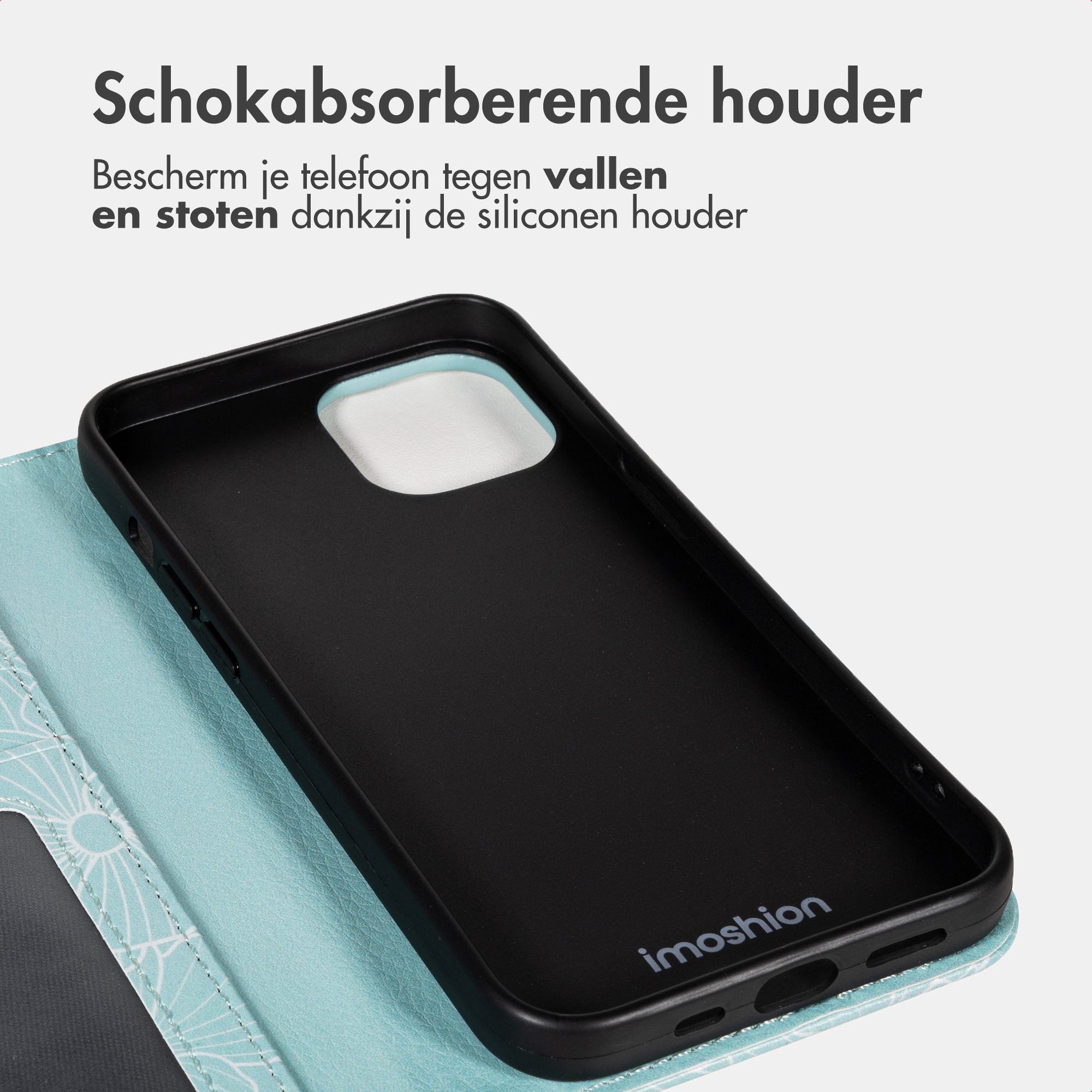 Un supporto per telefono in silicone nero con testo 